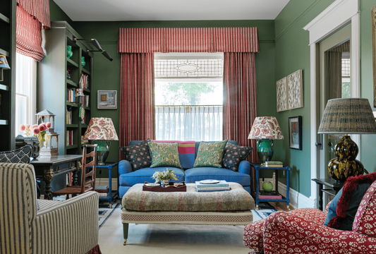 red-striped curtains with valance
