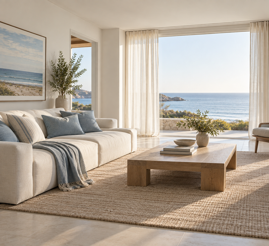 Coastal living room in soft blues and sand tones with sheer curtains and a sea view