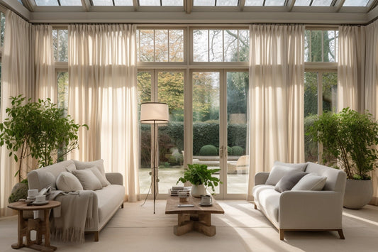 Sunroom with sheer white curtains along glazed walls and a cream sofa set