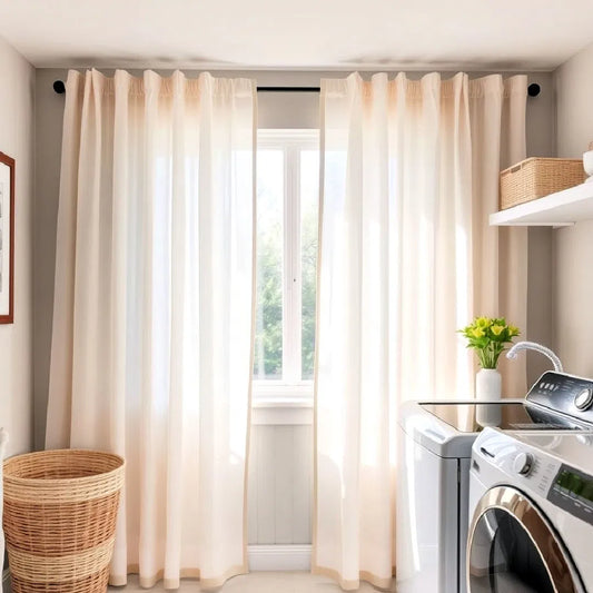 Laundry room with white sheer curtains on a black rod above a washer