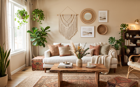 Boho living room with a macrame wall hanging, a cream sofa, plants and a woven pendant light