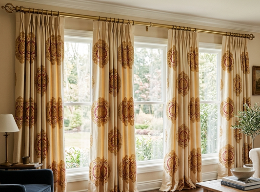 Living room with floor-length pinch pleat drapes in a rust medallion print across three tall windows