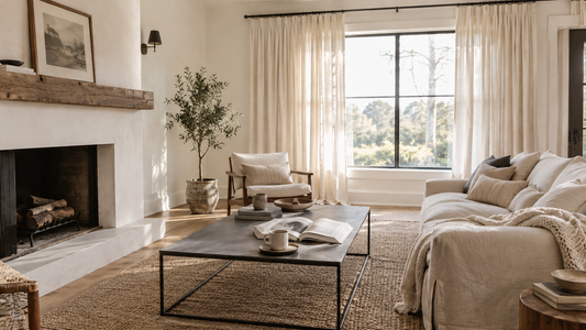 Modern farmhouse living room with a plaster fireplace, rustic timber mantel and sheer linen curtains