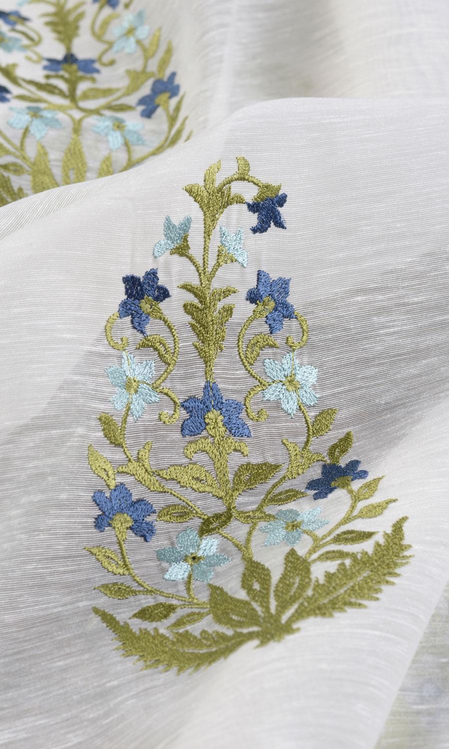 Sheer Floral Paisley Free Fabric Material Sample (White/ Green/ Blue)