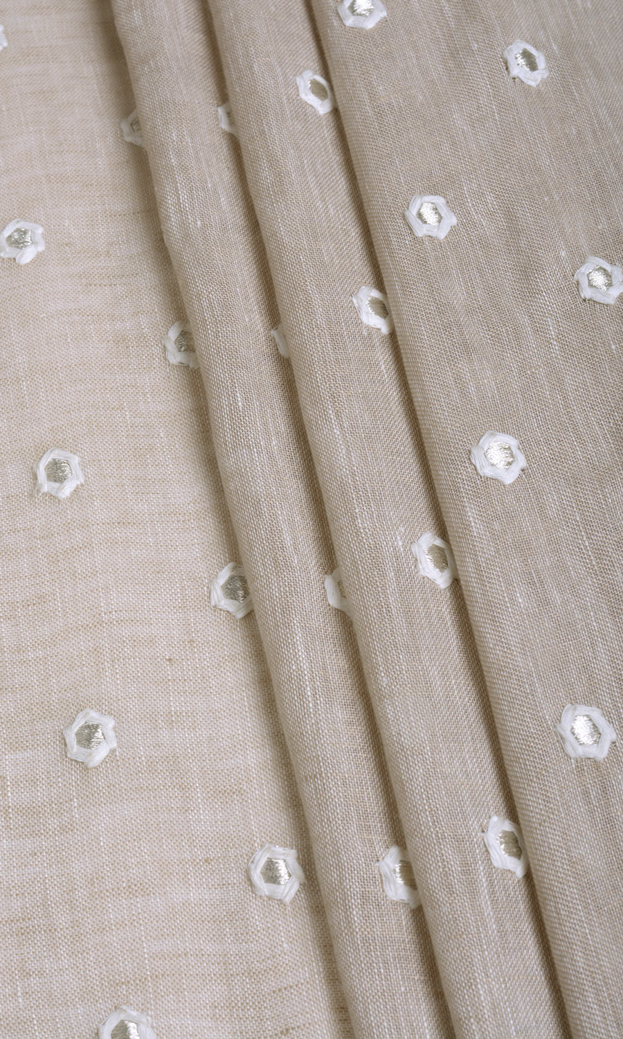 Sheer Embroidered Linen Free Fabric Material Sample (Beige)
