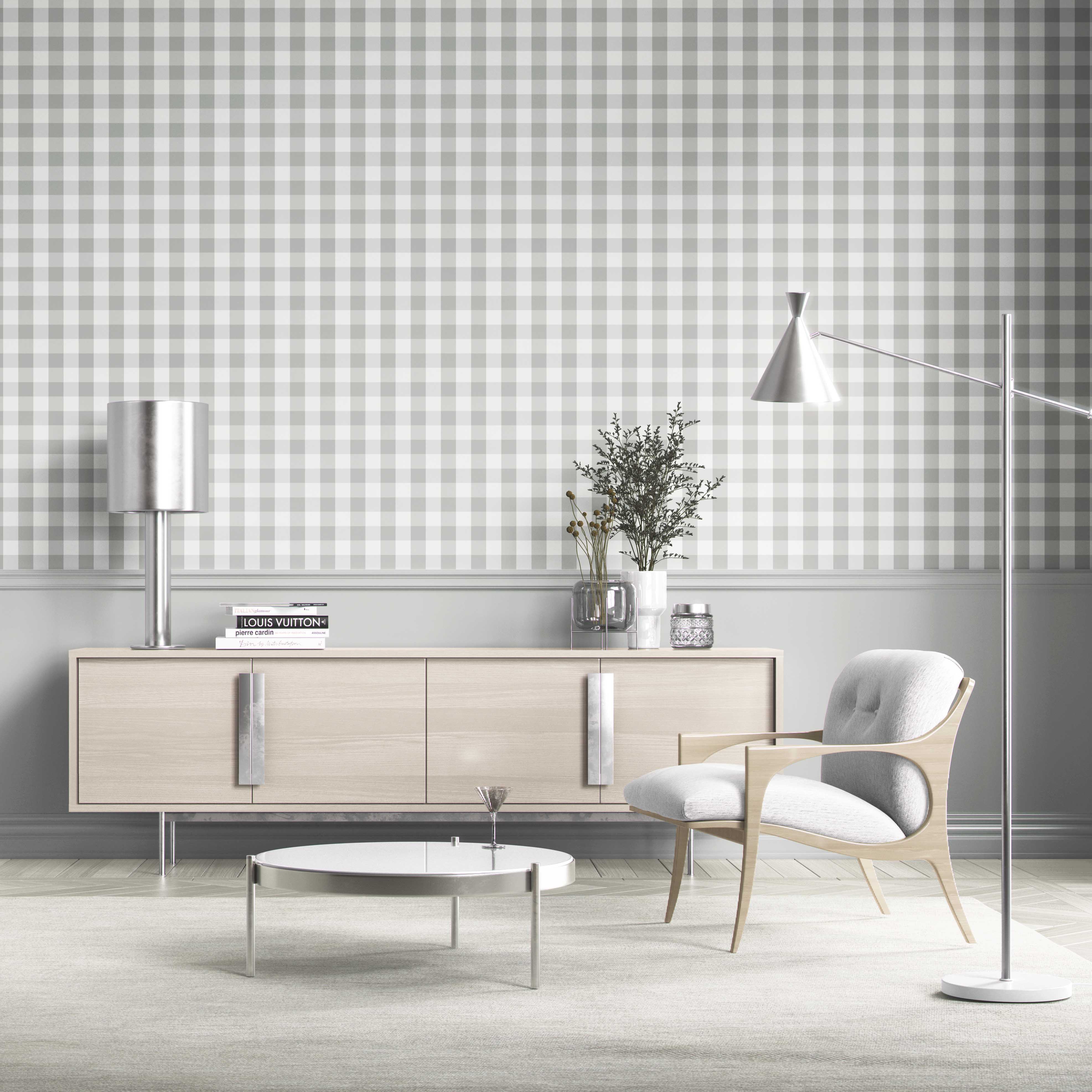 Geometric Gingham Living Room Wallpaper Sample (Grey)