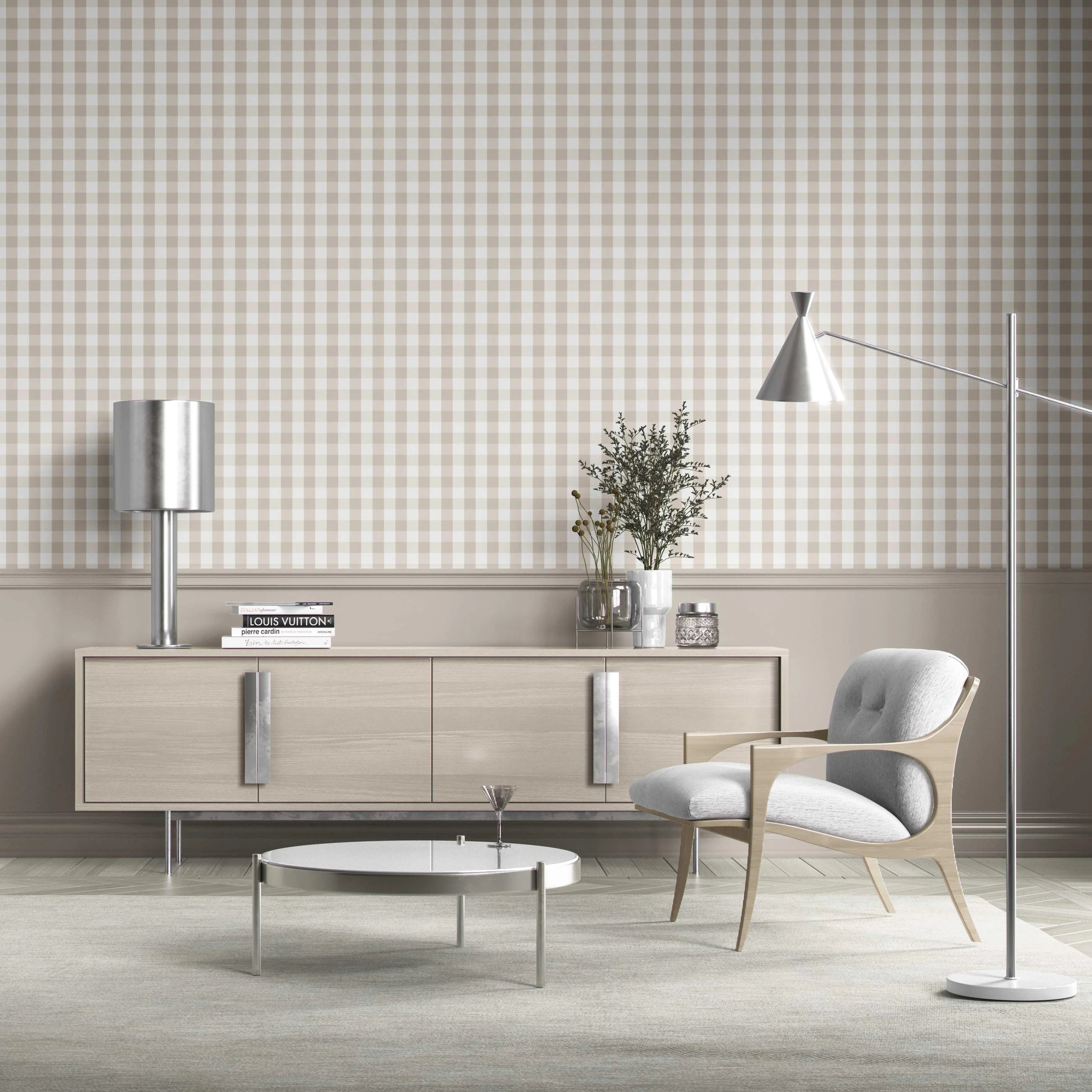 Neutral Geometric Gingham Kitchen Wallpaper (Soft Taupe)