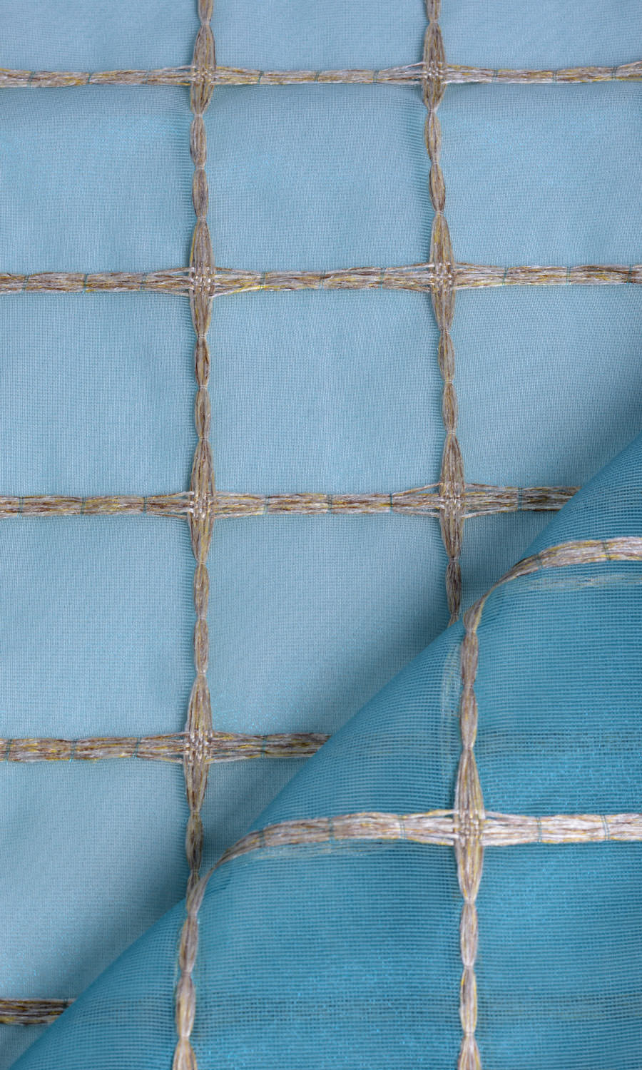 Embroidered Check Sheer Window Treatments Fabric Sample (Blue and Gold)