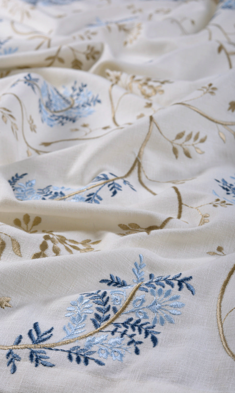 Floral Embroidery Fabric Sample for Curtains & Drapes (Brown/ Blue/ White)