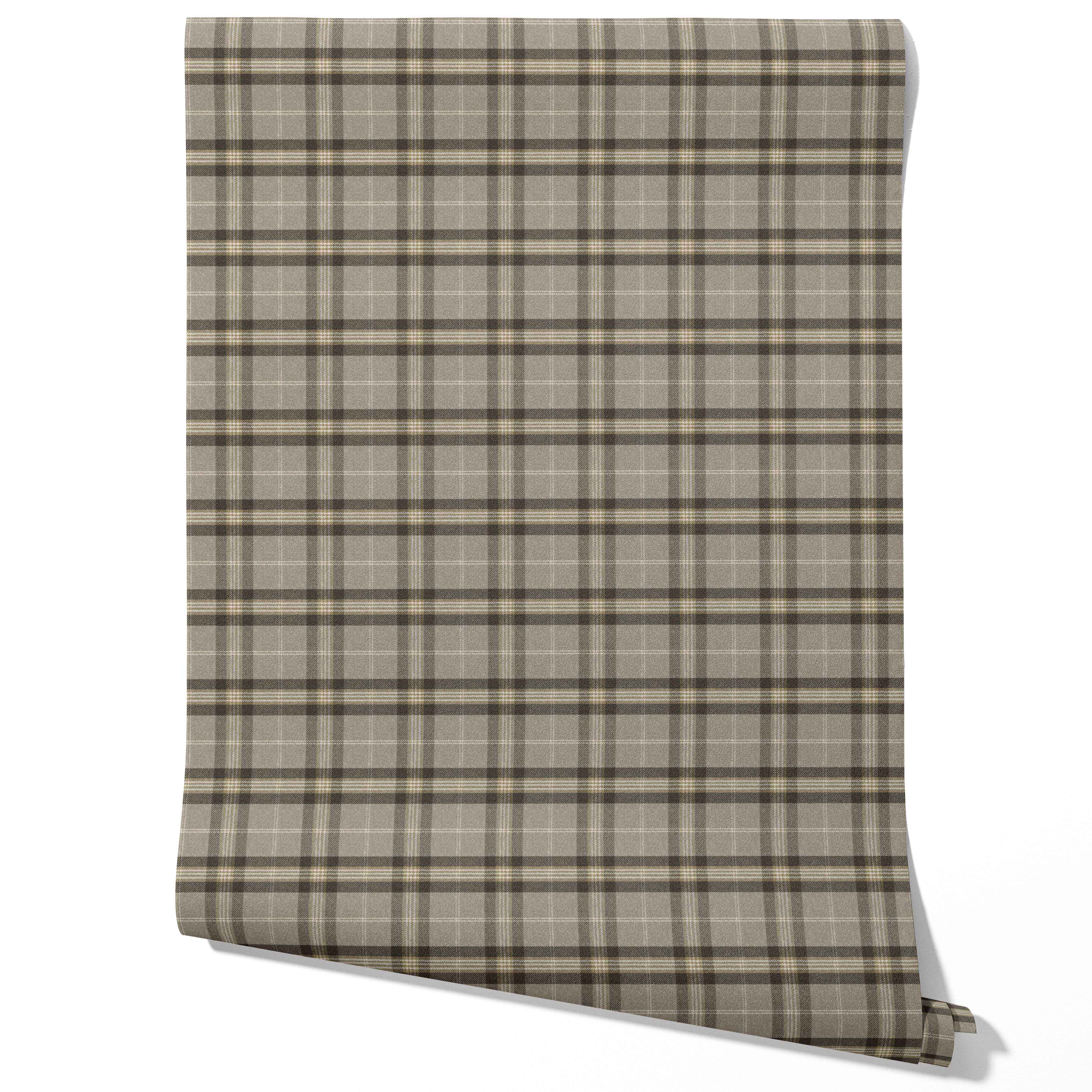 Geometric Plaid Checkered Traditional Wallpaper (Gray/ Cedar Brown)