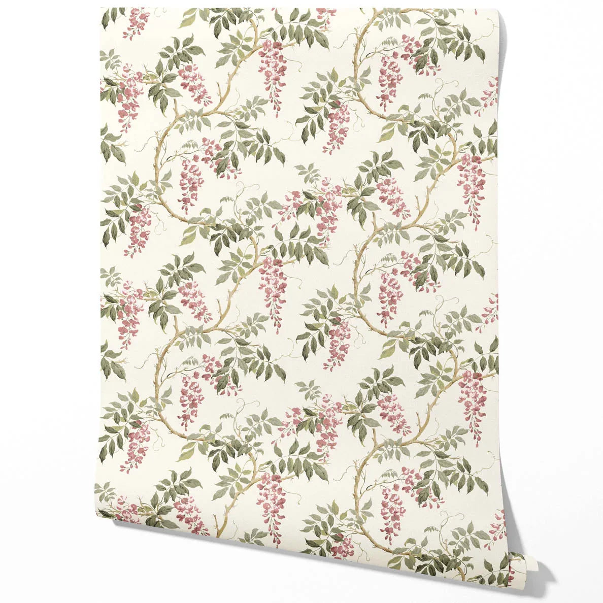 Floral Vine/ Botanical Patterned Traditional Wallpaper (Cream/ Pink/ Green)