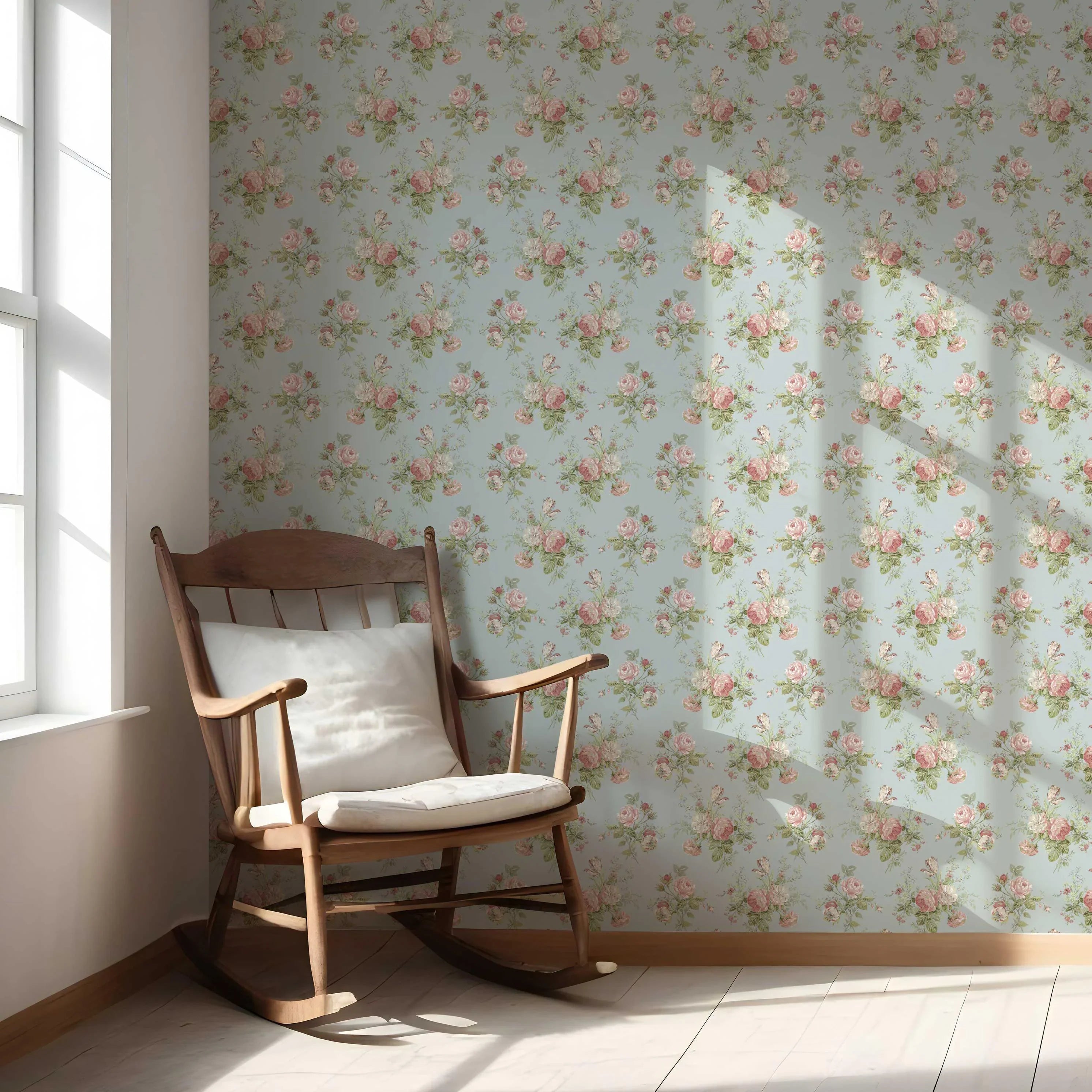 Patterned Floral Block Print Nursery Wallpaper Sample (Blue/ Pink/ Green)