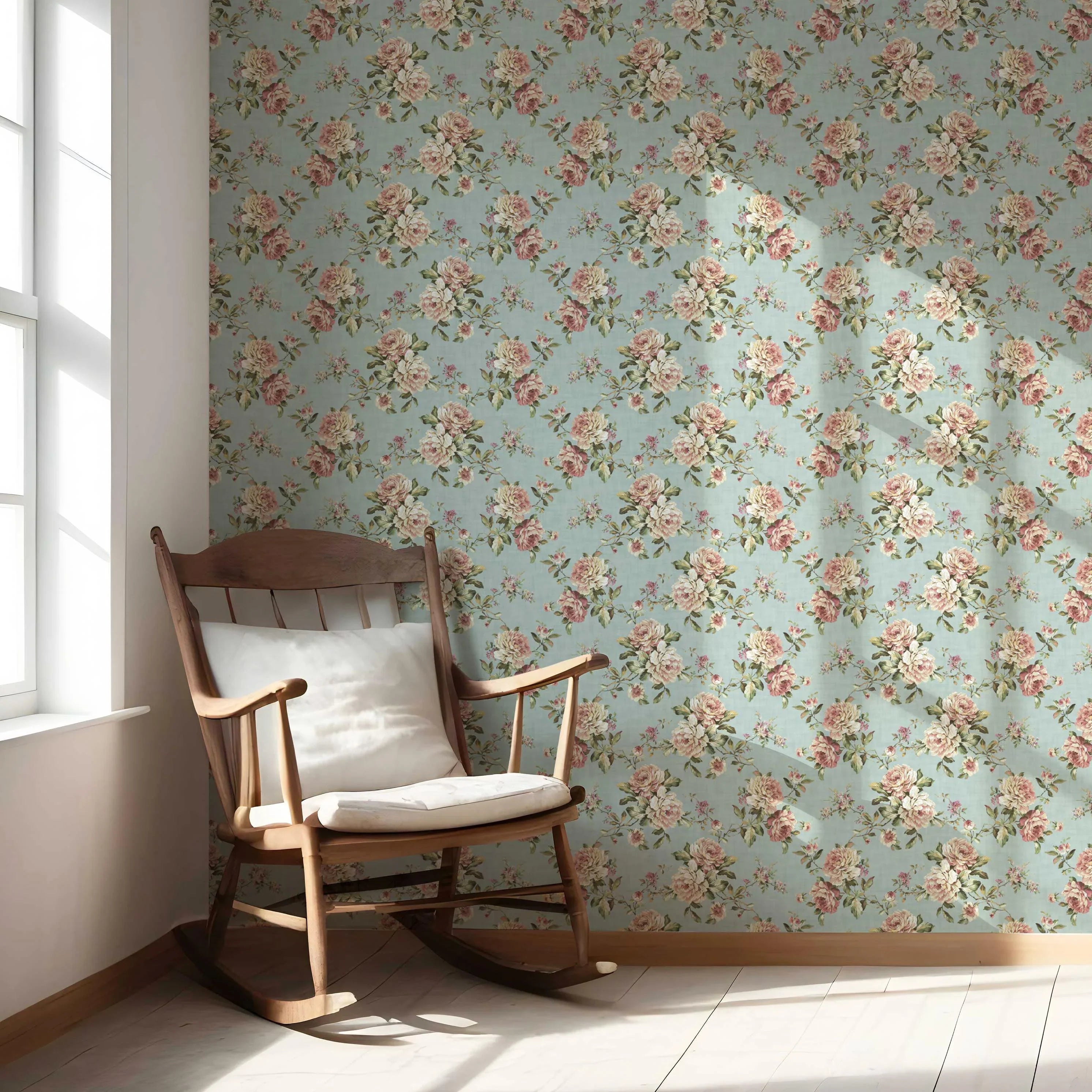 English Floral Patterned Nursery Wallpaper Sample (Blue/ Pink/ Green)