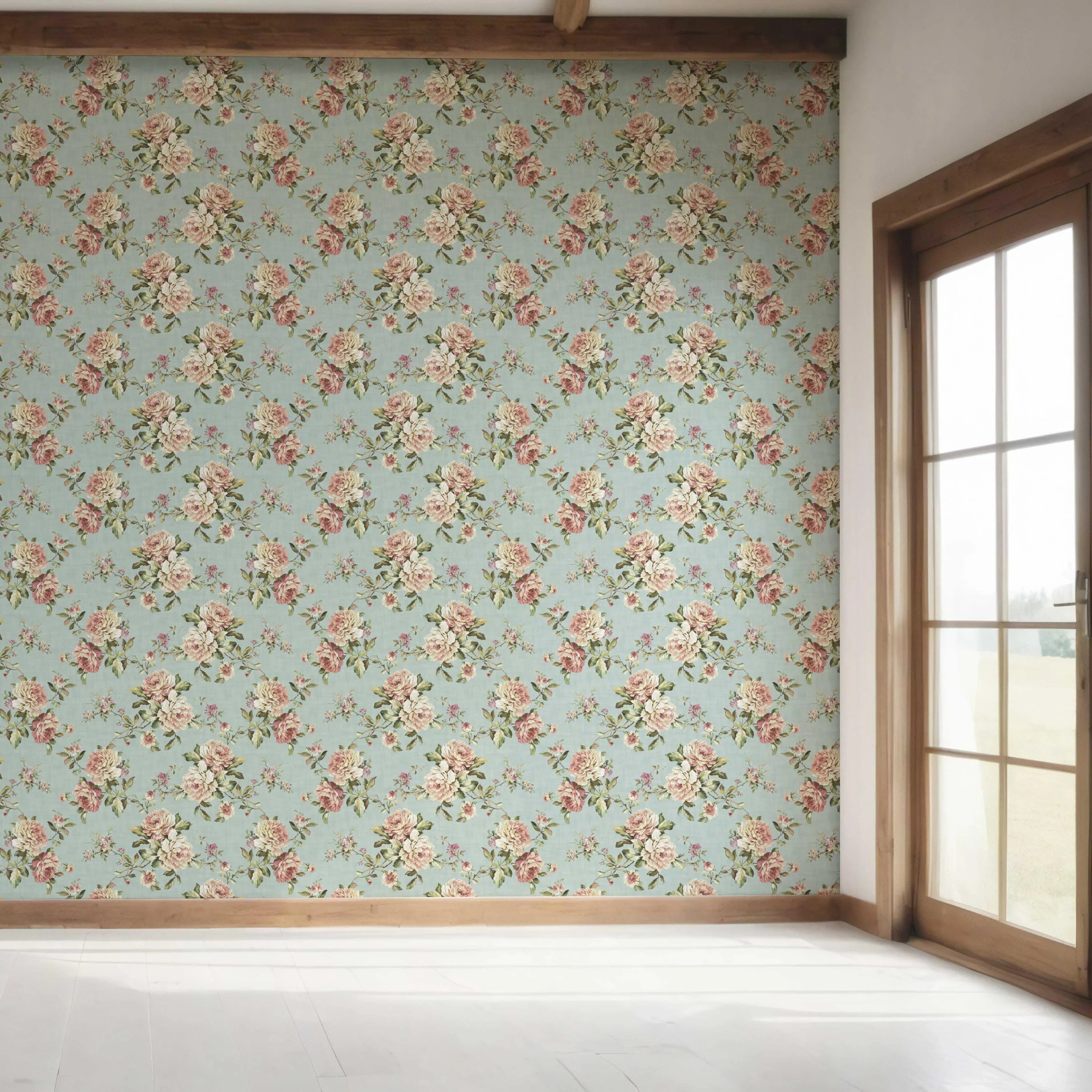 English Floral Patterned Bedroom Wallpaper Sample (Blue/ Pink/ Green)