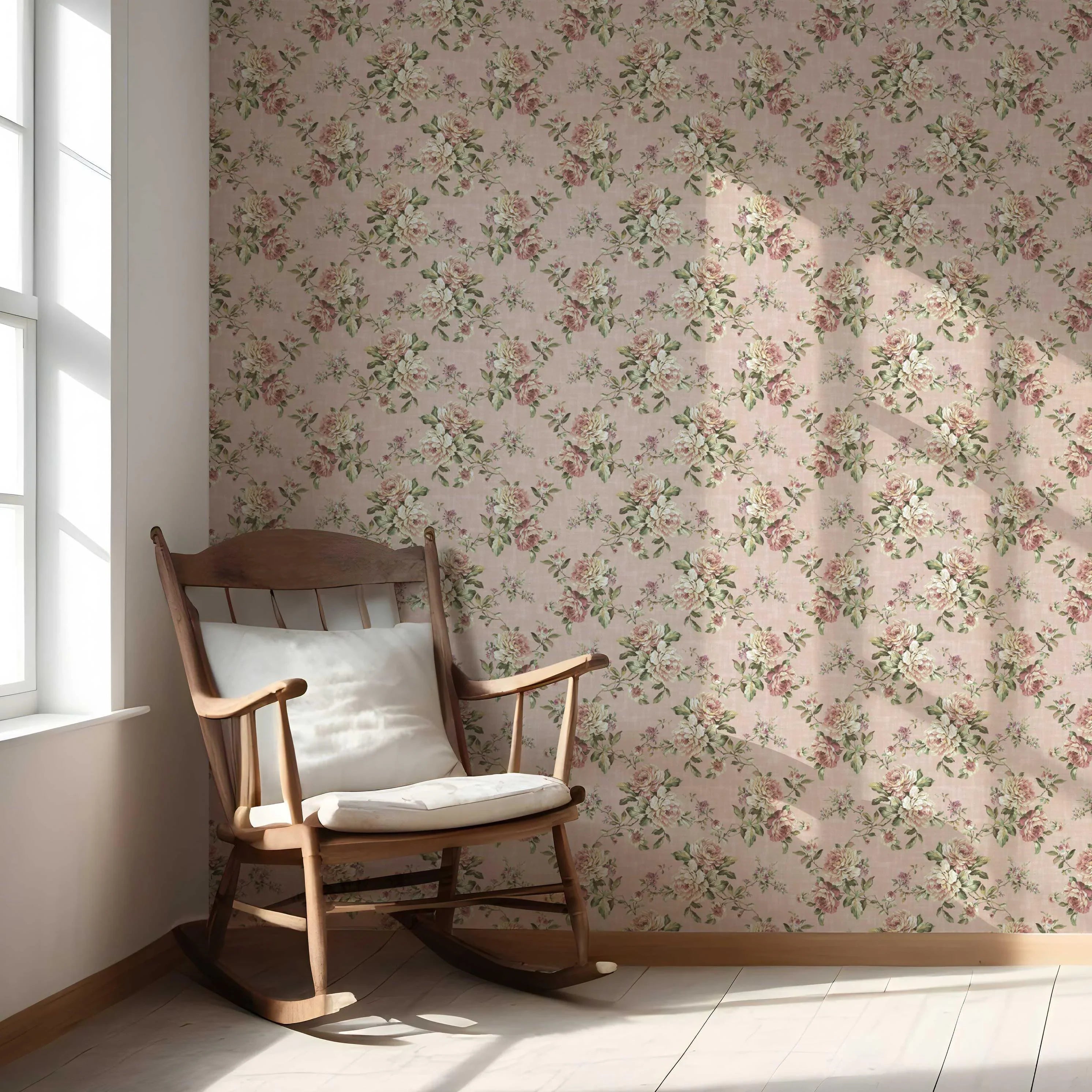 English Floral Patterned Nursery Wallpaper Sample (Dusty Rose Pink/ Green)
