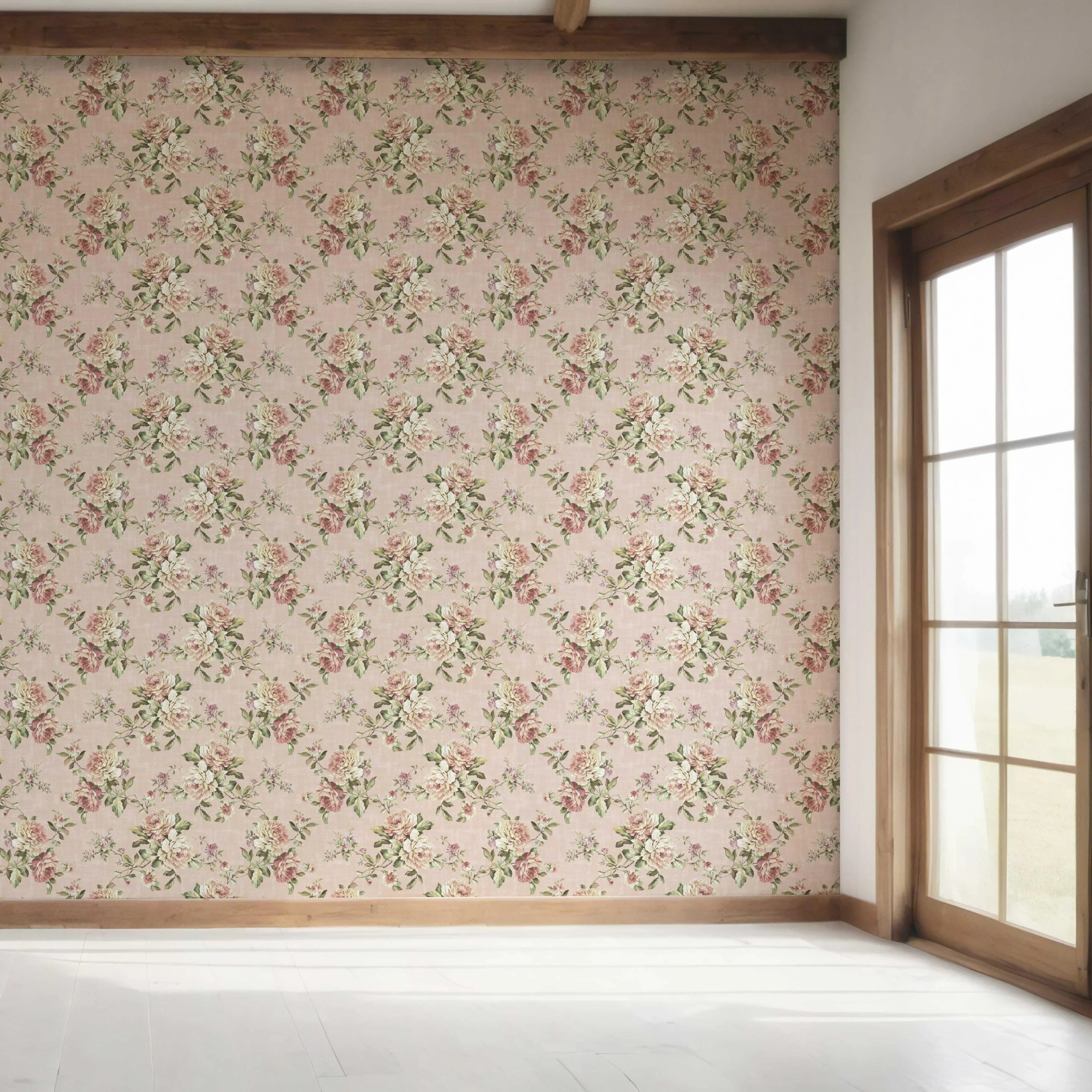 English Floral Patterned Bedroom Wallpaper (Dusty Rose Pink/ Green)
