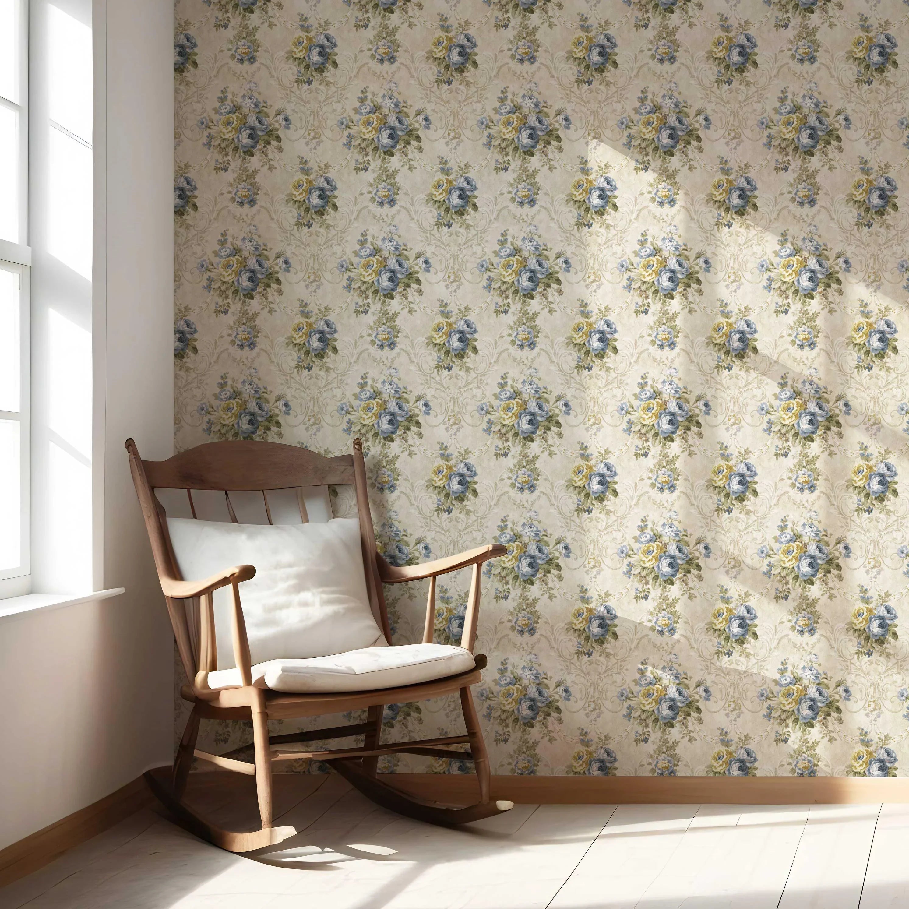 Floral Damask Patterned Nursery Wallpaper Sample (Beige/ Blue/ Yellow/ Green/ Taupe)