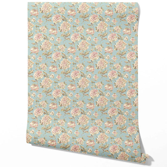 Chinoiserie/ English Floral Traditional Wallpaper (Blue/ Cream/ Beige/ Pink/ Green)
