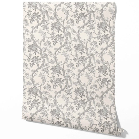 Floral Toile/ Bird Print Chinoiserie Traditional Wallpaper (Dove Grey/ Off-White)