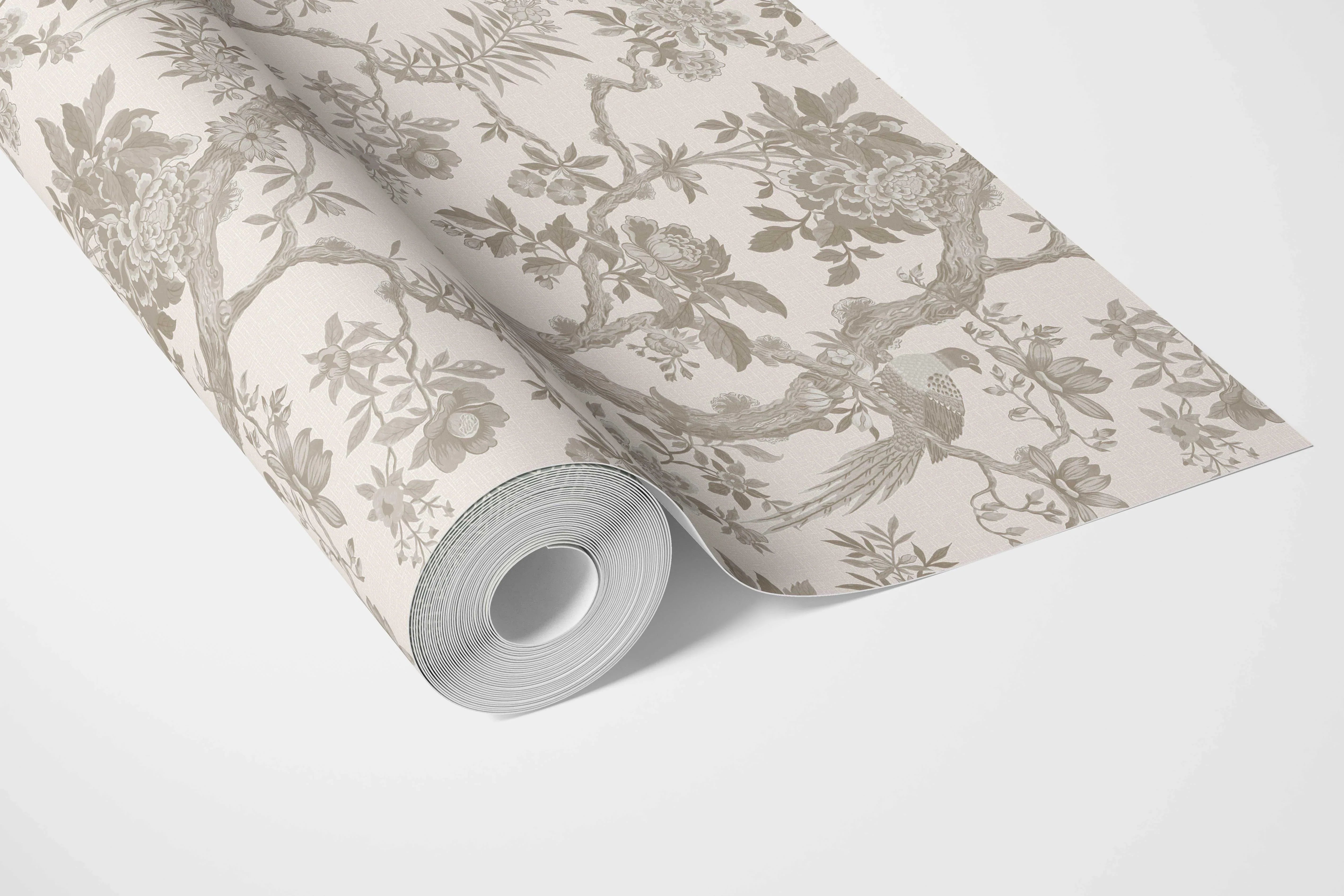 Floral Toile/ Bird Print Chinoiserie Bathroom Wallpaper (Brown/ Beige/ Taupe)