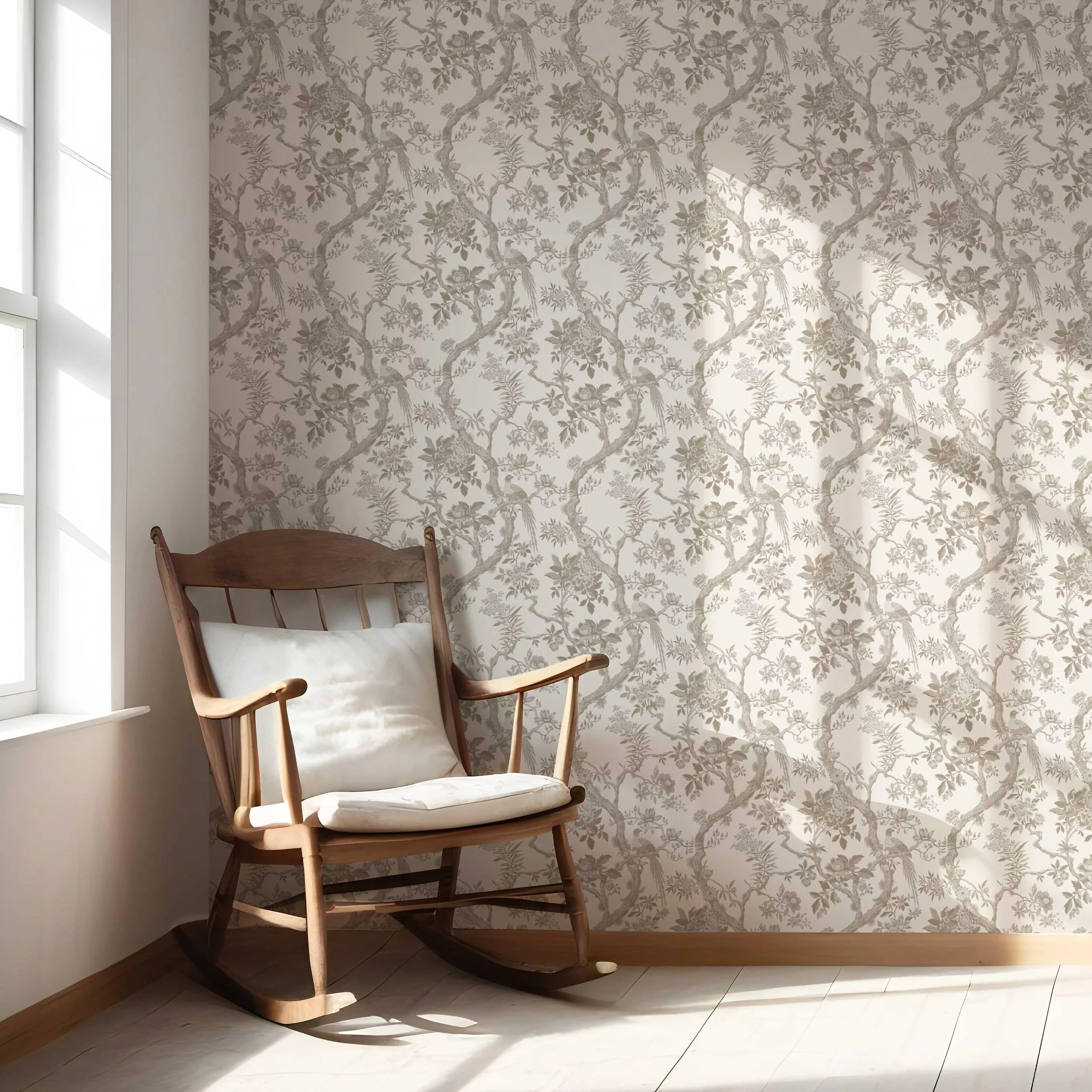 Floral Toile/ Bird Print Chinoiserie Nursery Wallpaper (Brown/ Beige/ Taupe)