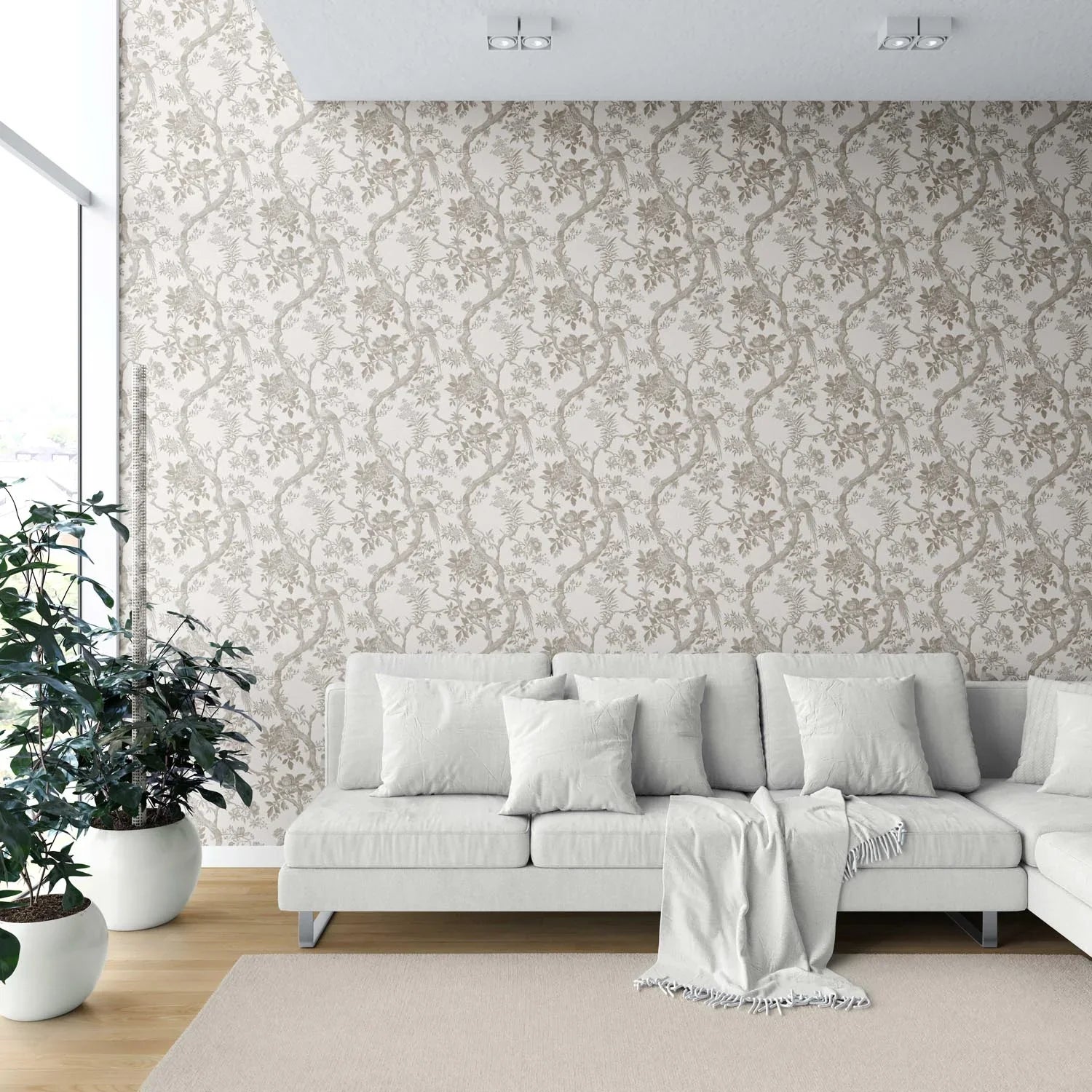 Floral Toile/ Bird Print Chinoiserie Shower Toilet Wallpaper Sample (Brown/ Beige/ Taupe)