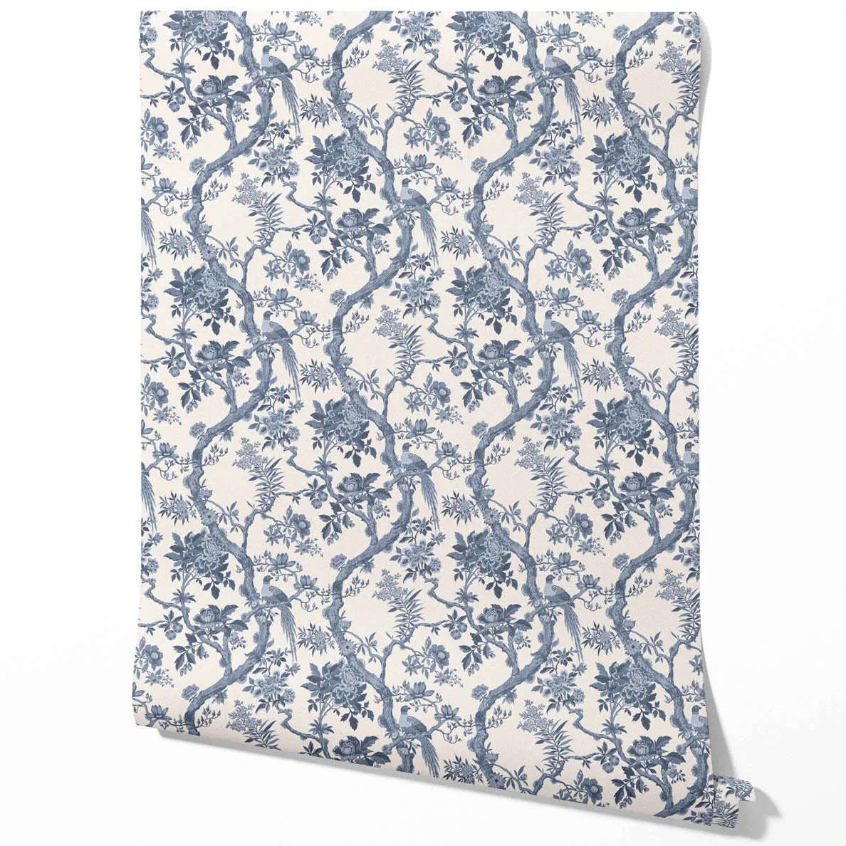 Floral Toile/ Bird Print Chinoiserie Traditional Wallpaper (Navy Blue/ Off-White)