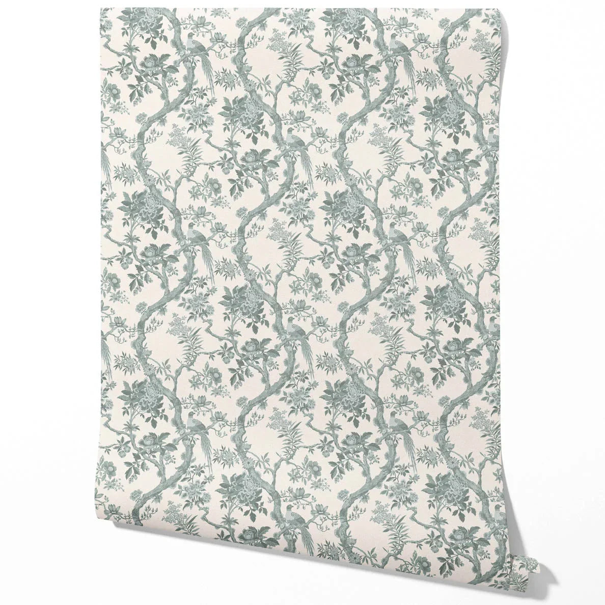 Floral Toile/ Bird Print Chinoiserie Traditional Wallpaper (Grey-Green)