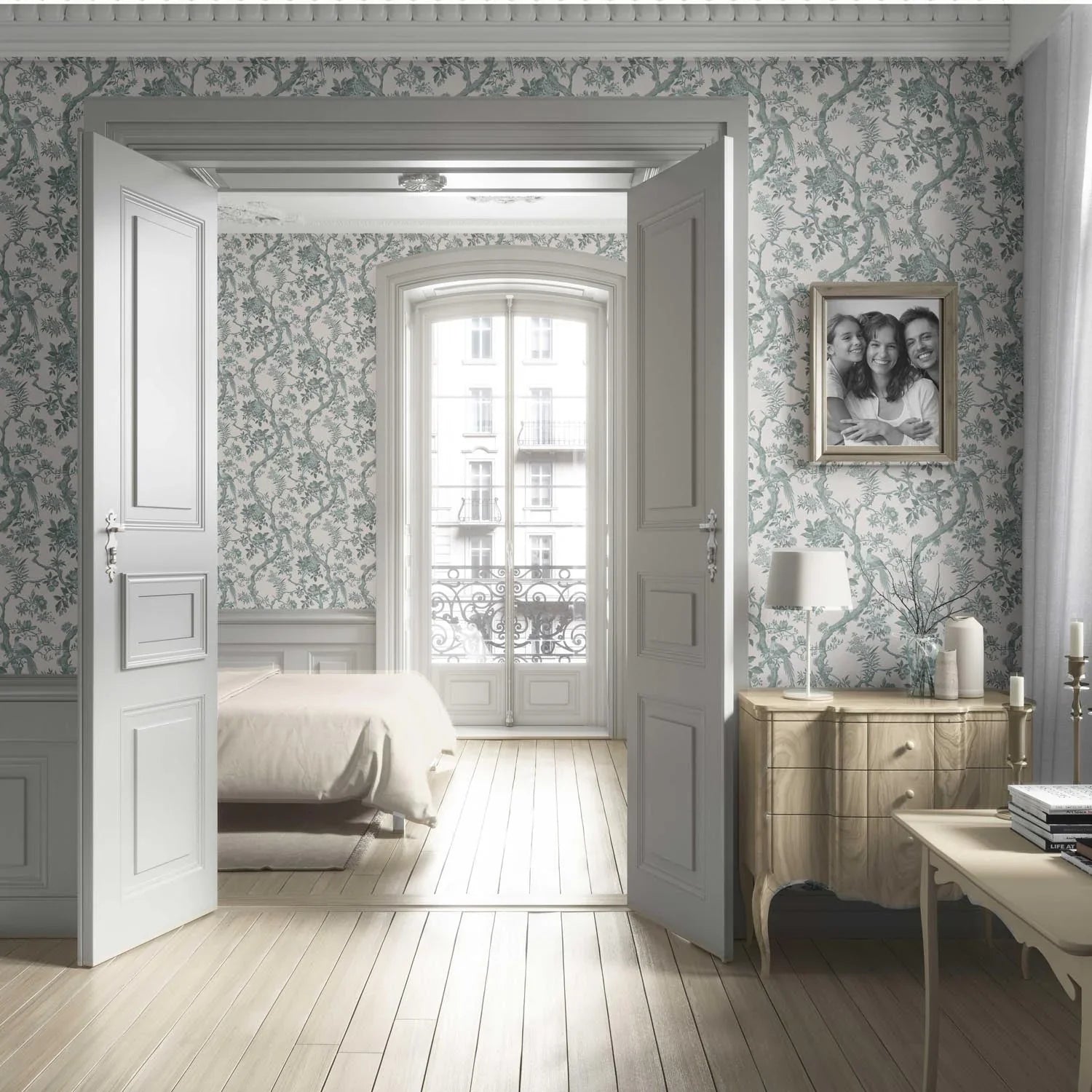 Floral Toile/ Bird Print Chinoiserie Living Room Wallpaper (Grey-Green)