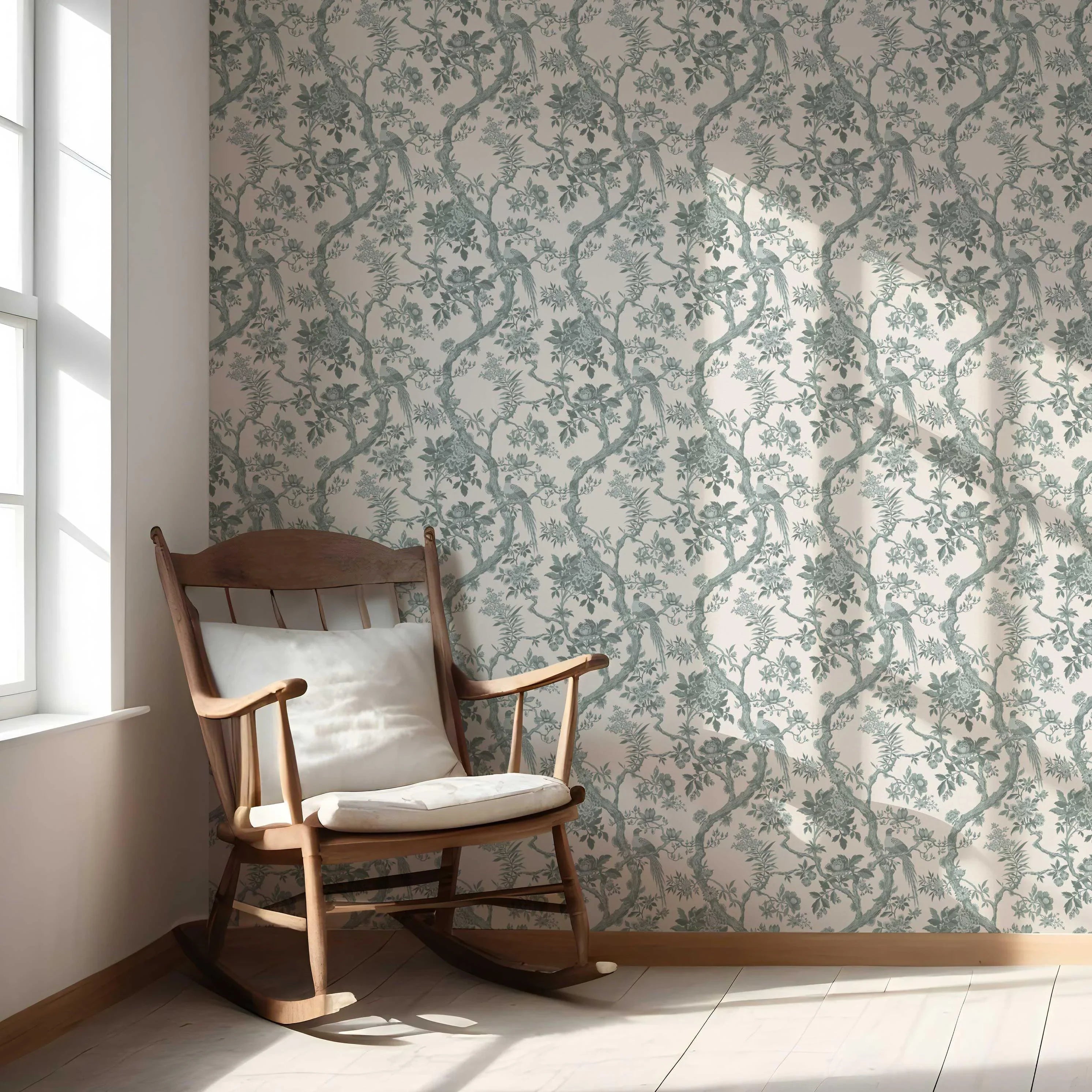 Floral Toile/ Bird Print Chinoiserie Nursery Wallpaper (Grey-Green)