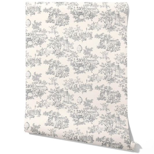 Toile de Jouy/ Nature Print Traditional Wallpaper (Dove Gray/ Off-White)