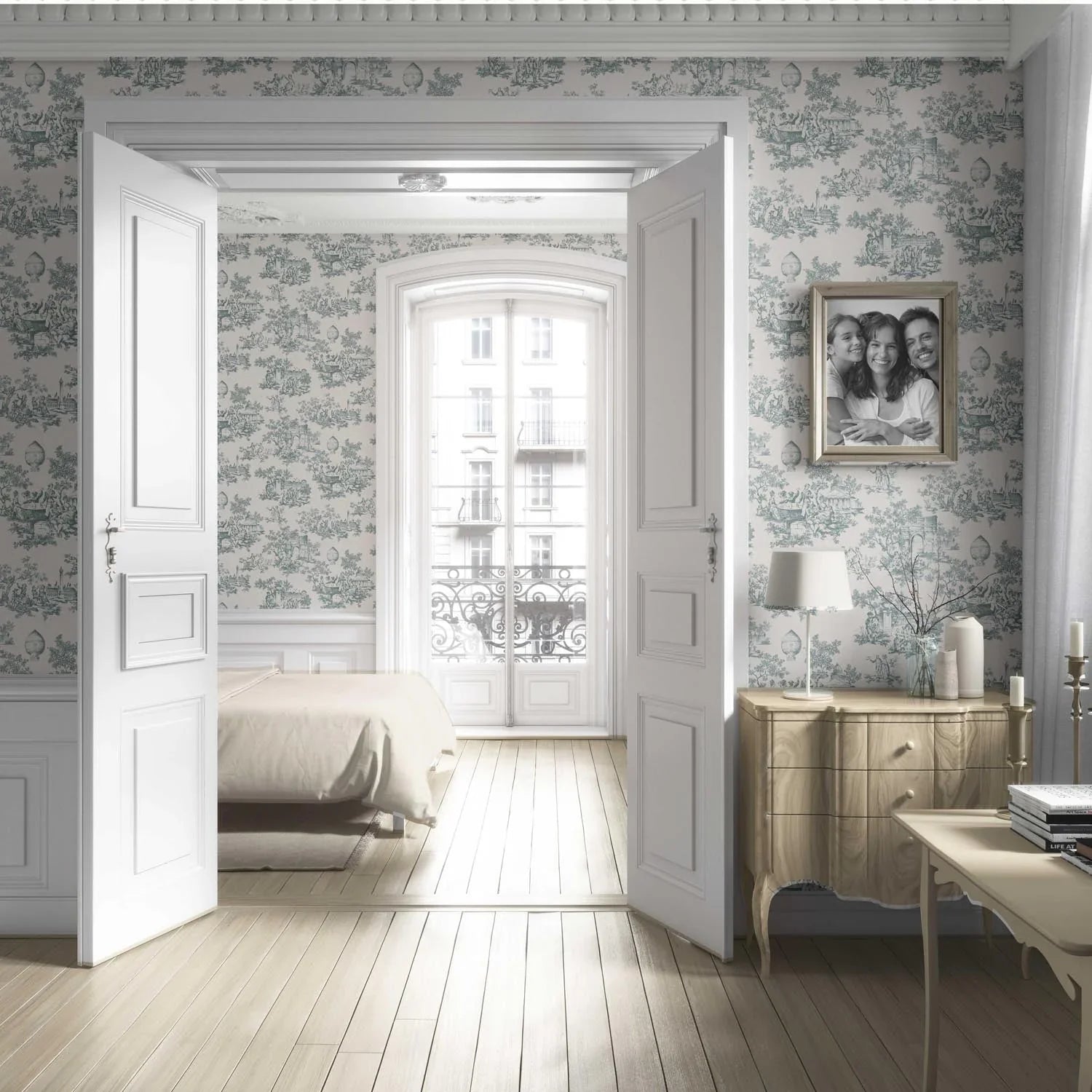 Toile de Jouy/ Nature Print Living Room Wallpaper Sample (Duck Egg Blue/ Off-White)