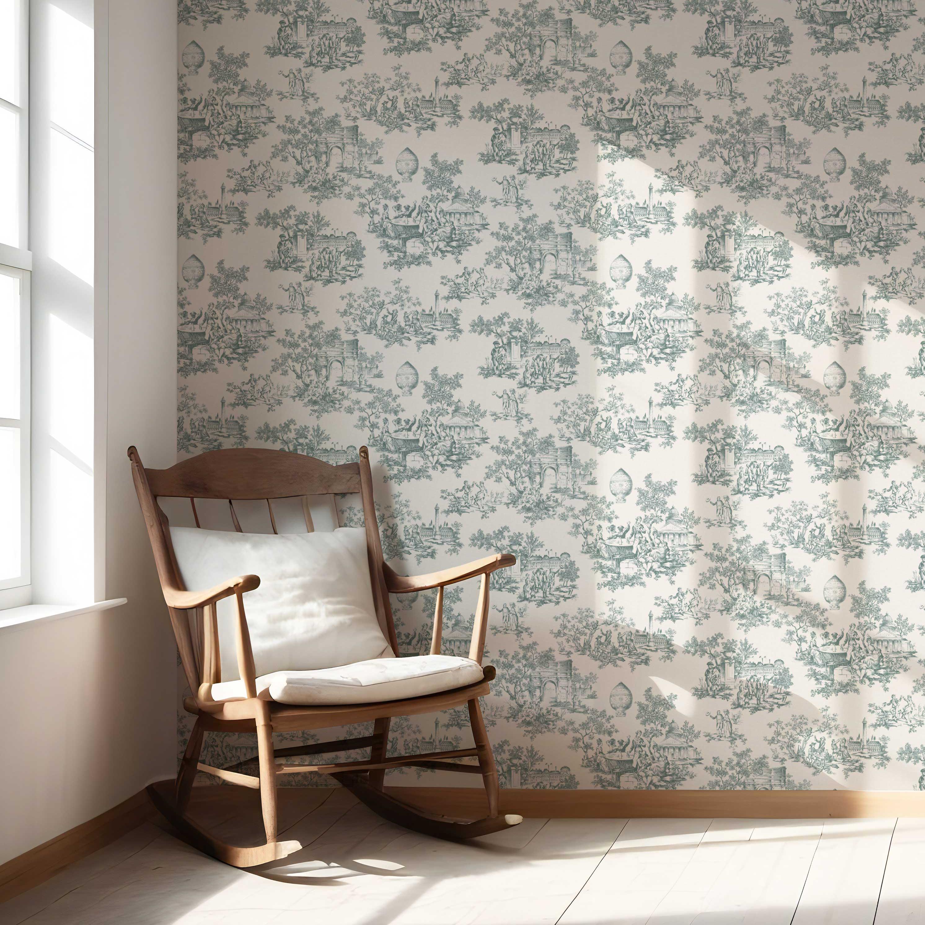 Toile de Jouy/ Nature Print Nursery Wallpaper (Duck Egg Blue/ Off-White)