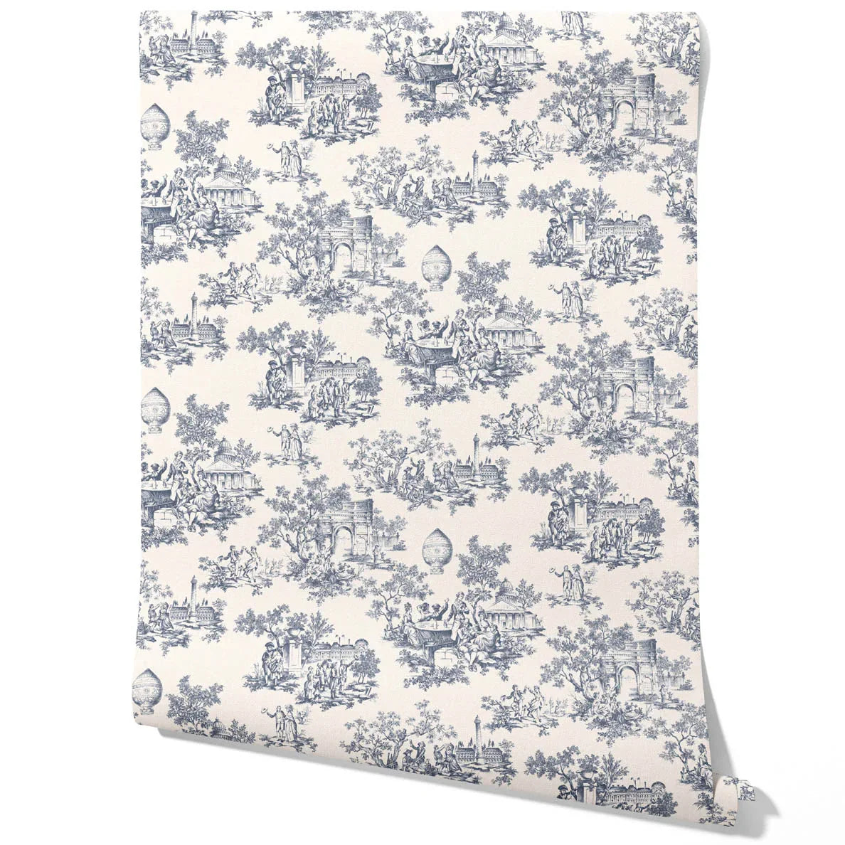 Toile de Jouy/ Nature Print Traditional Wallpaper (Navy Blue/ Off-White)
