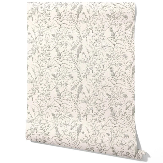 Birds Print/ Botanical Traditional Wallpaper (Gray/ Off-White)