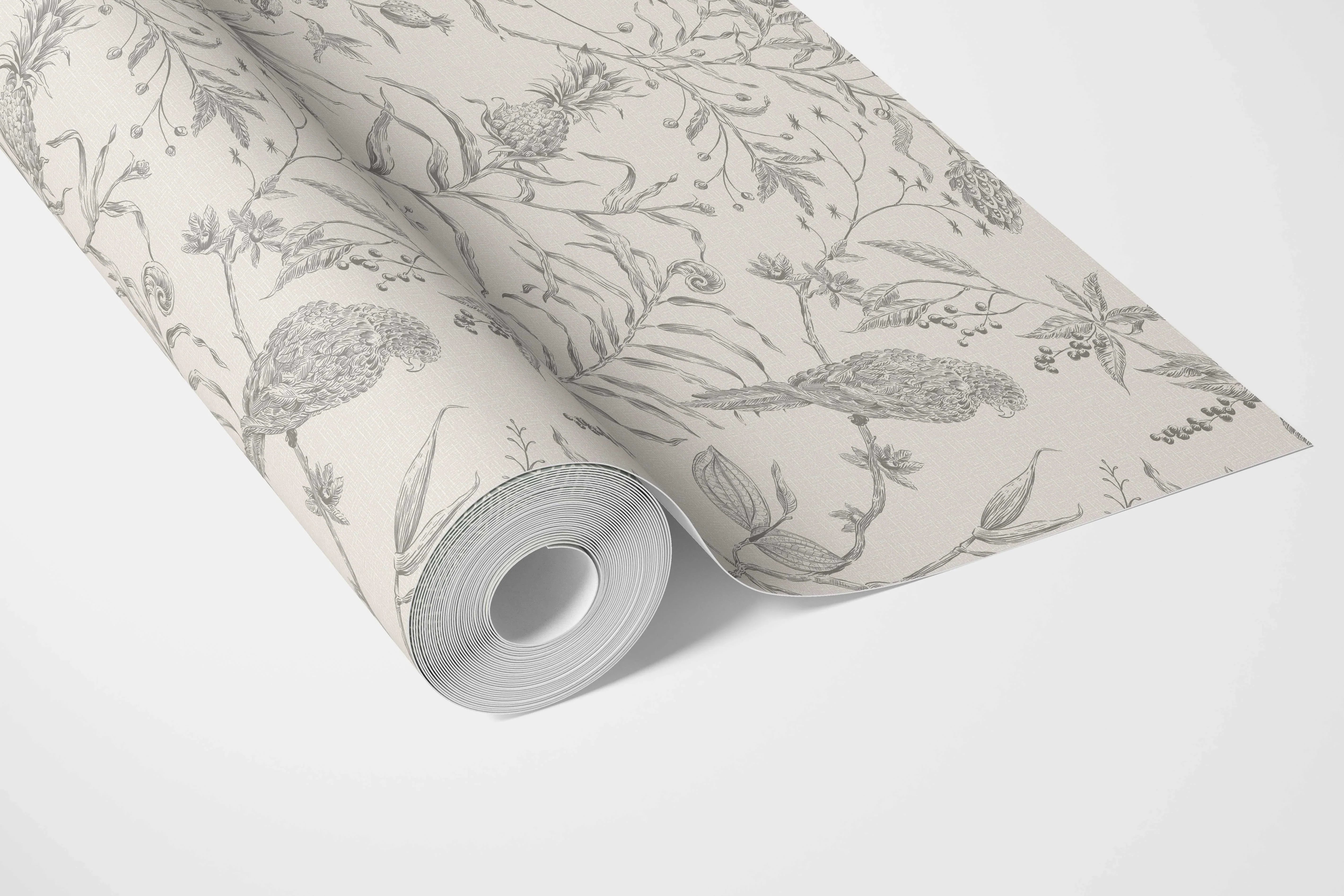 Birds Print/ Botanical Living Room Wallpaper Sample (Gray/ Off-White)