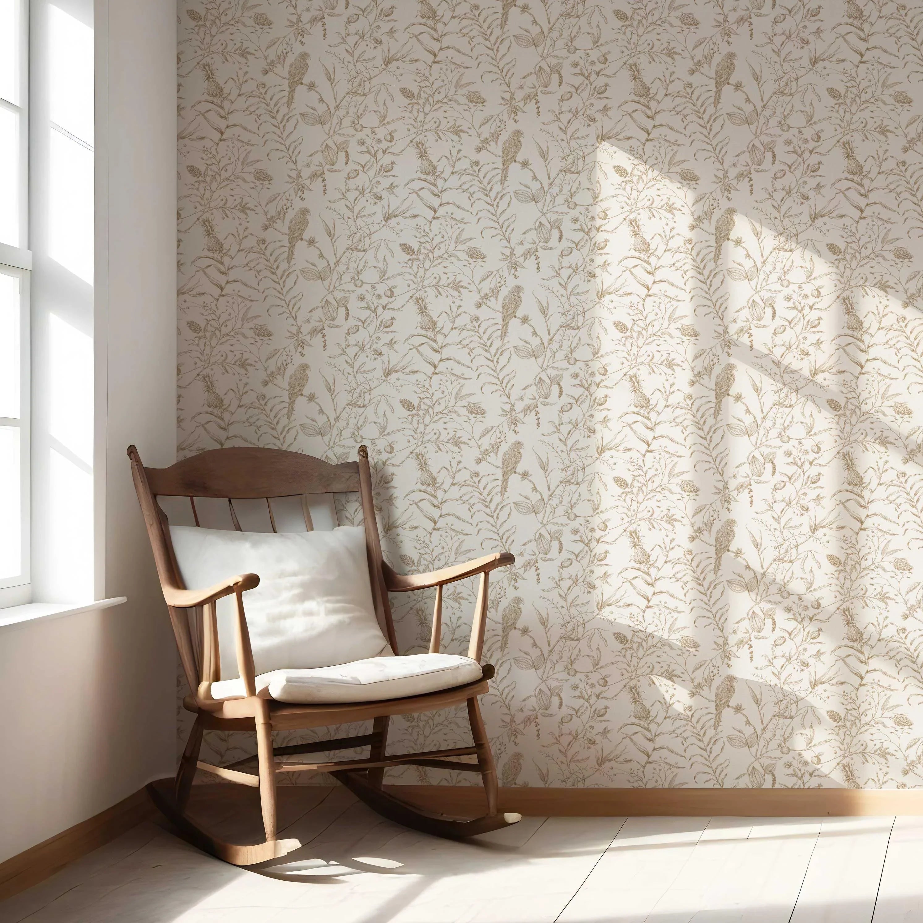 Birds Print/ Botanical Nursery Wallpaper (Beige/ Brown/ Warm Gray)