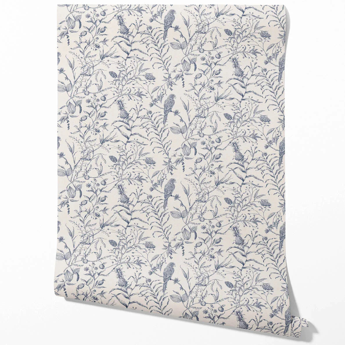 Birds Print/ Botanical Traditional Wallpaper (Navy Blue)