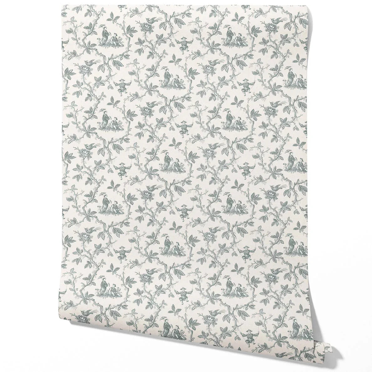 Floral Toile de Jouy Traditional Wallpaper (Blue-Gray/ Off-White)