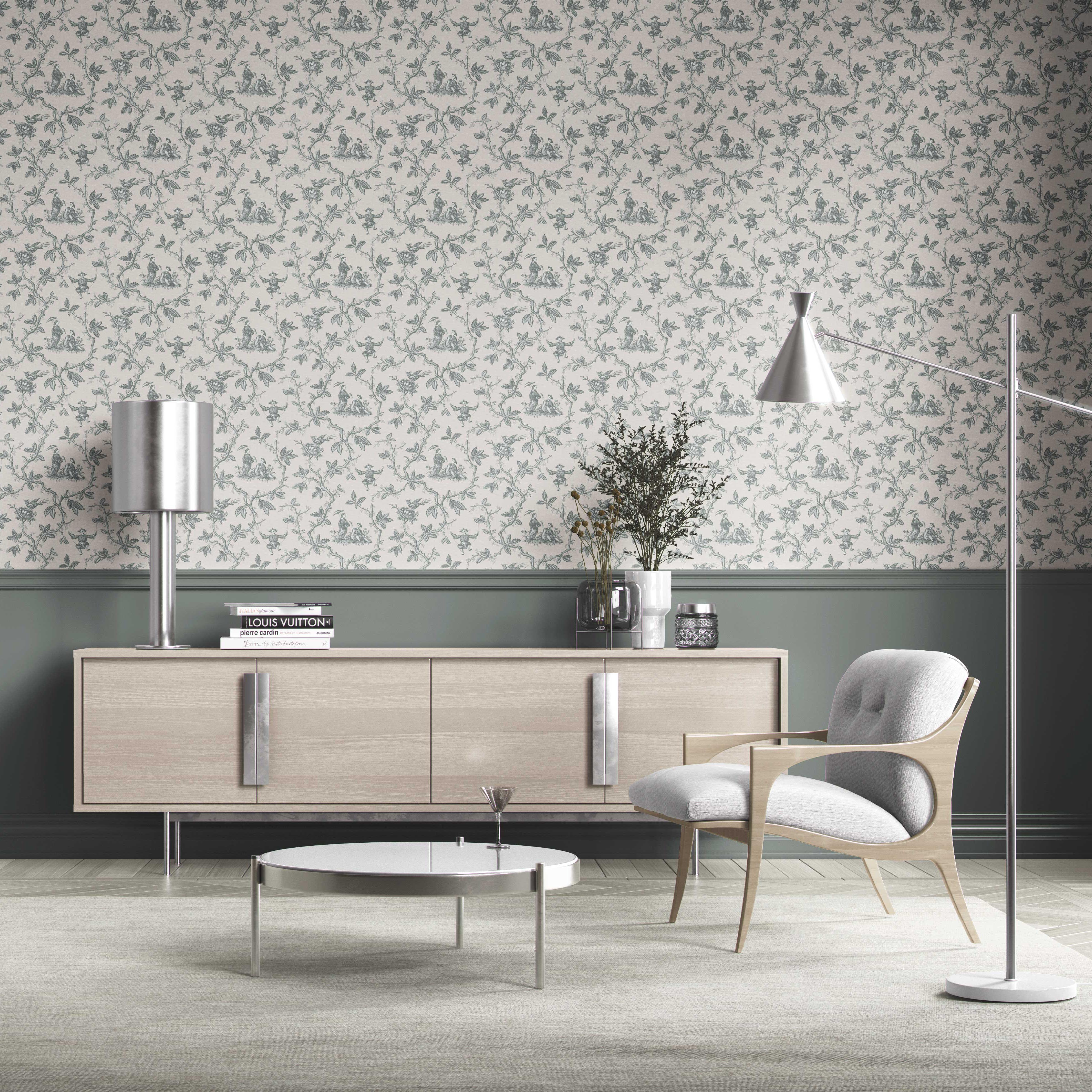 Floral Toile de Jouy Kitchen Wallpaper (Blue-Gray/ Off-White)