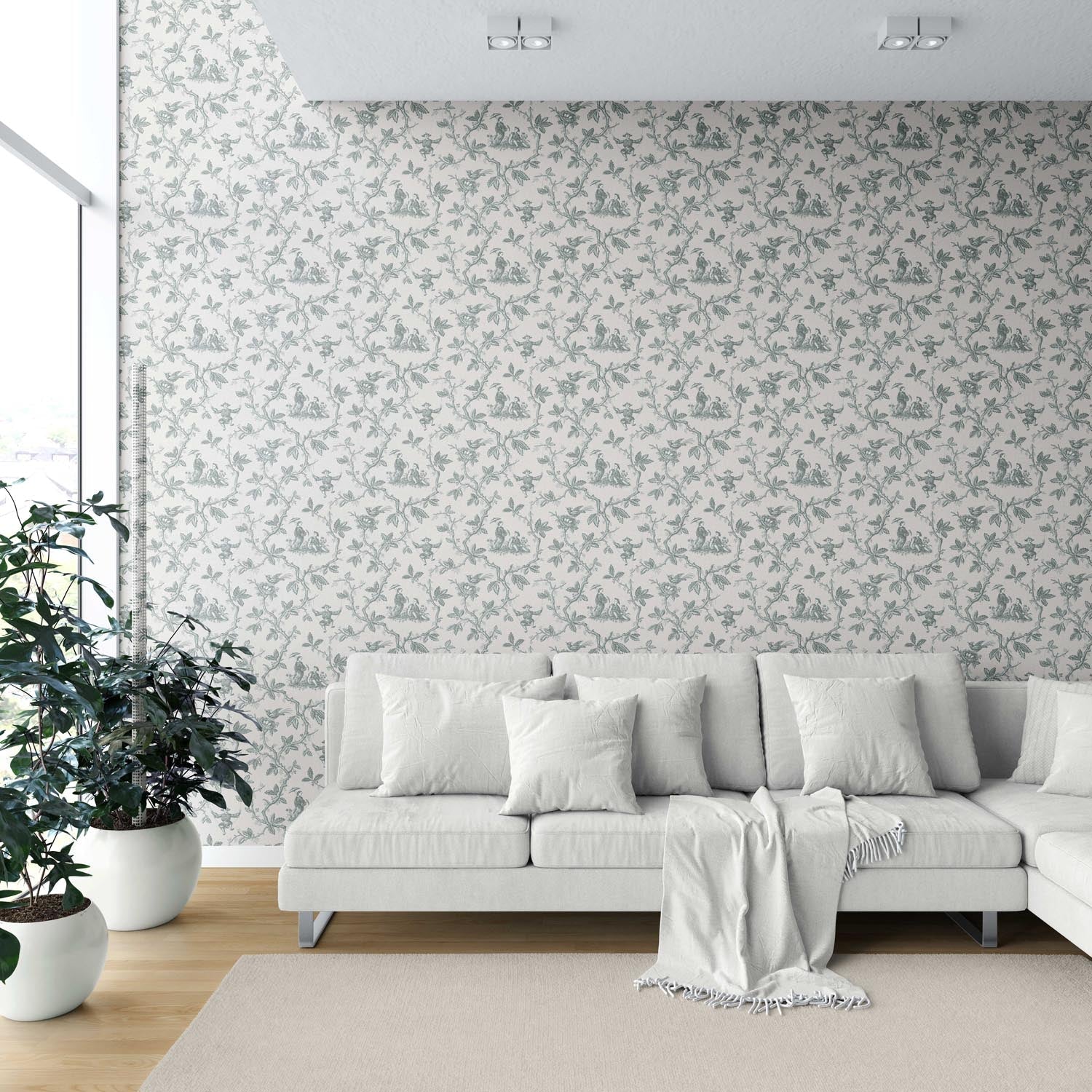 Floral Toile de Jouy Shower Toilet Wallpaper (Blue-Gray/ Off-White)