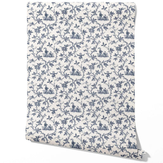 Floral Toile de Jouy Traditional Wallpaper (Navy Blue/ Off-White)