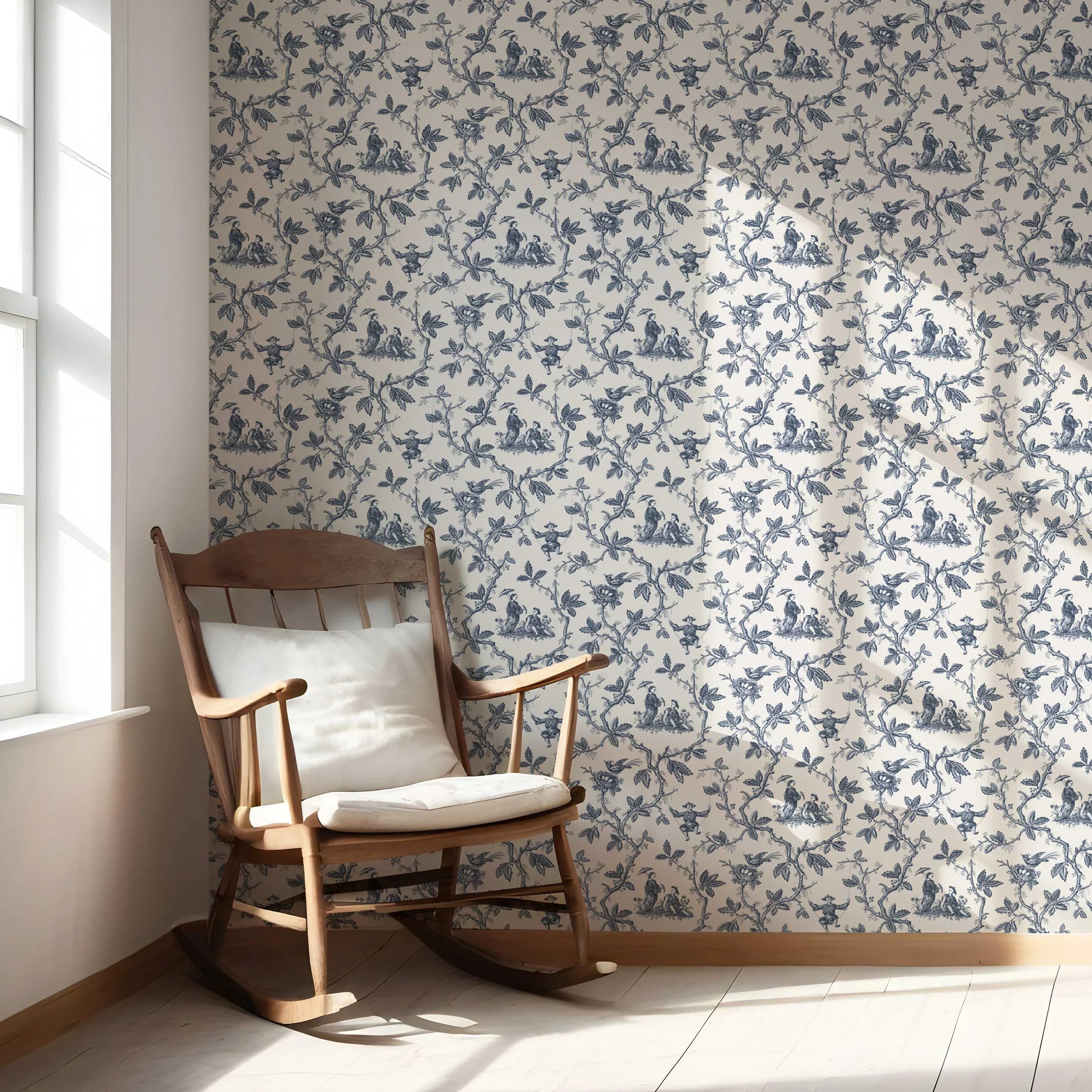 Floral Toile de Jouy Nursery Wallpaper (Navy Blue/ Off-White)