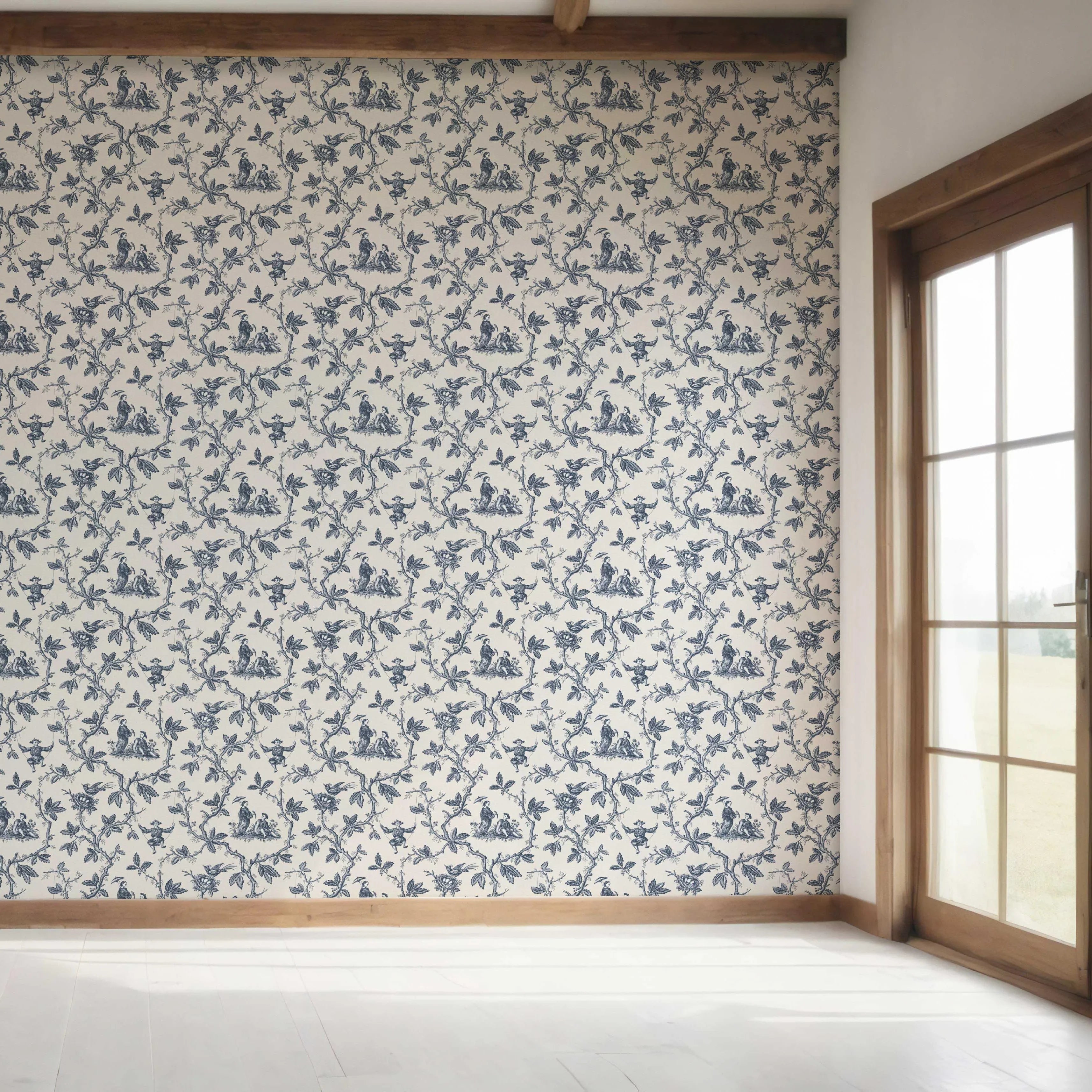Floral Toile de Jouy Bedroom Wallpaper Sample (Navy Blue/ Off-White)