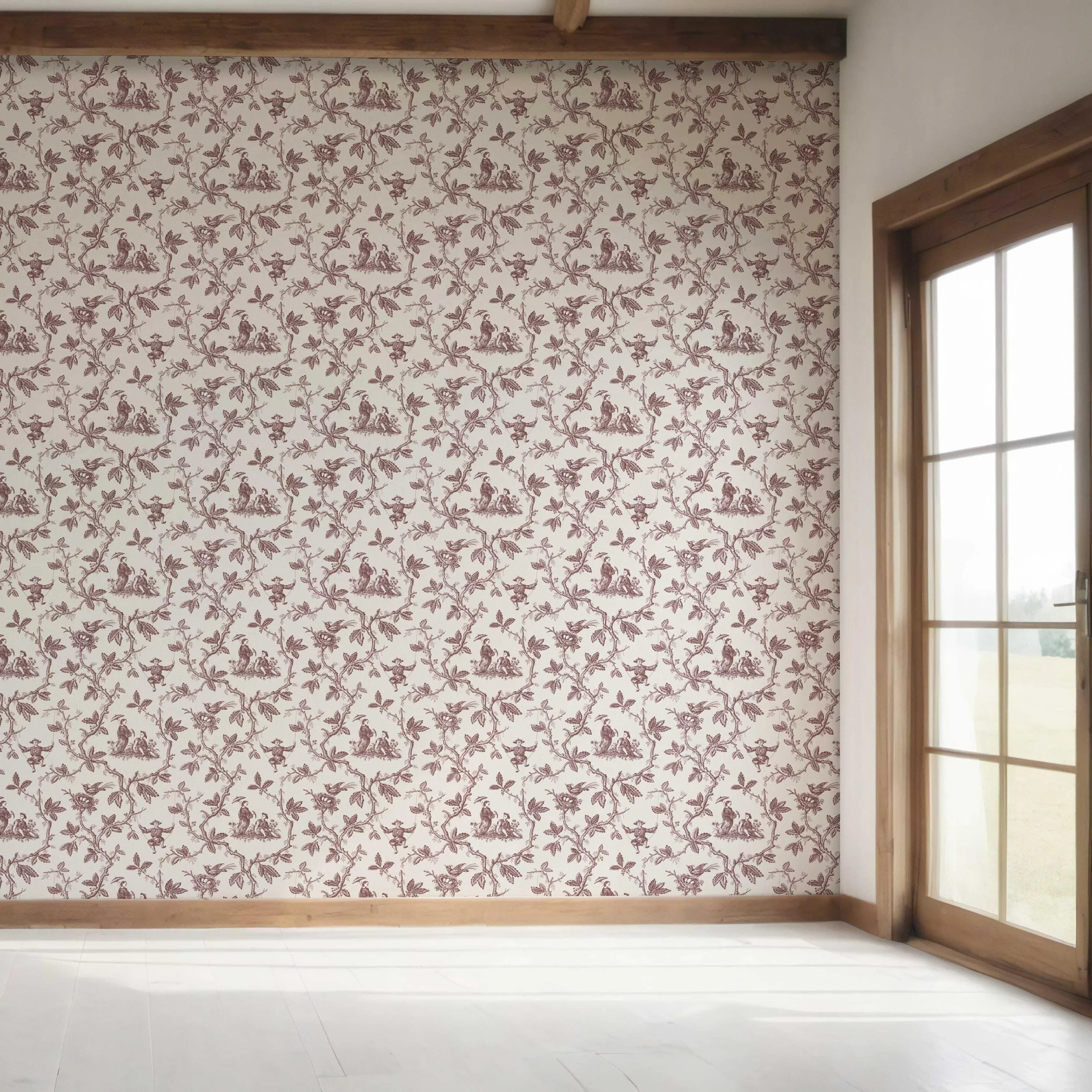 Floral Toile de Jouy Bedroom Wallpaper Sample (Brick Red/ Deep Pink)