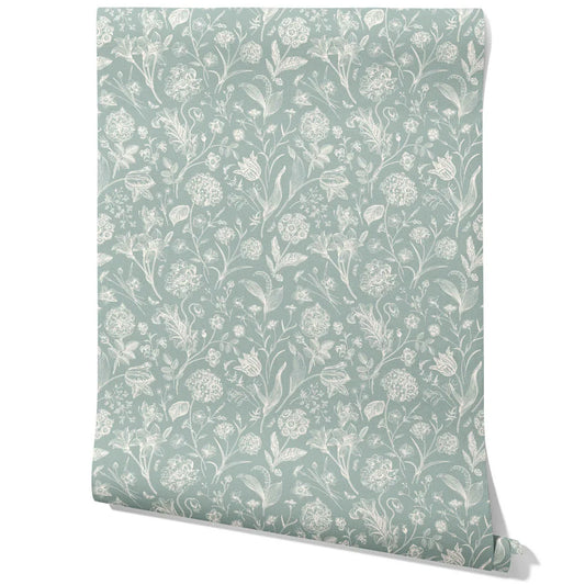 Floral/ Botanical Traditional Wallpaper (Cadet Blue/ Mint Gray/ Cream)