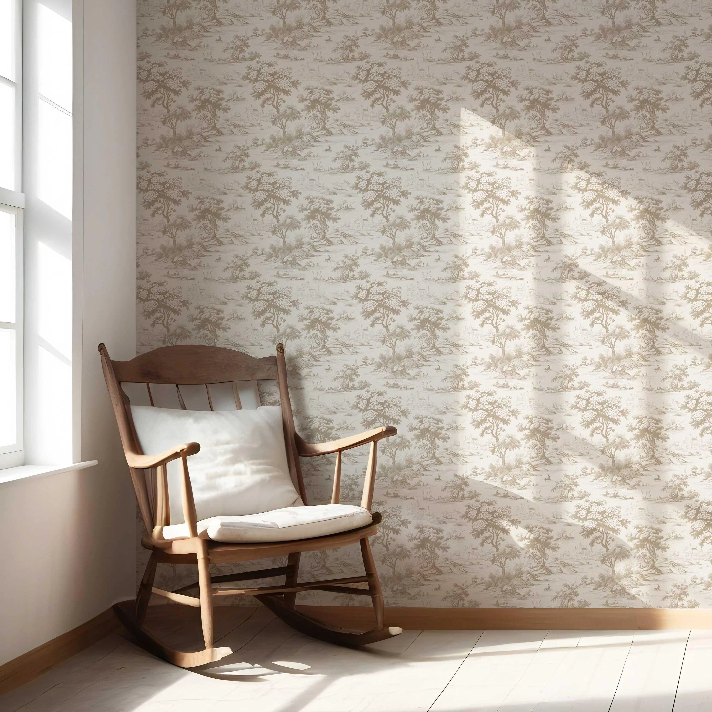 Floral Toile de Jouy Nature Print Nursery Wallpaper Sample (Beige/ Brown/ Taupe)