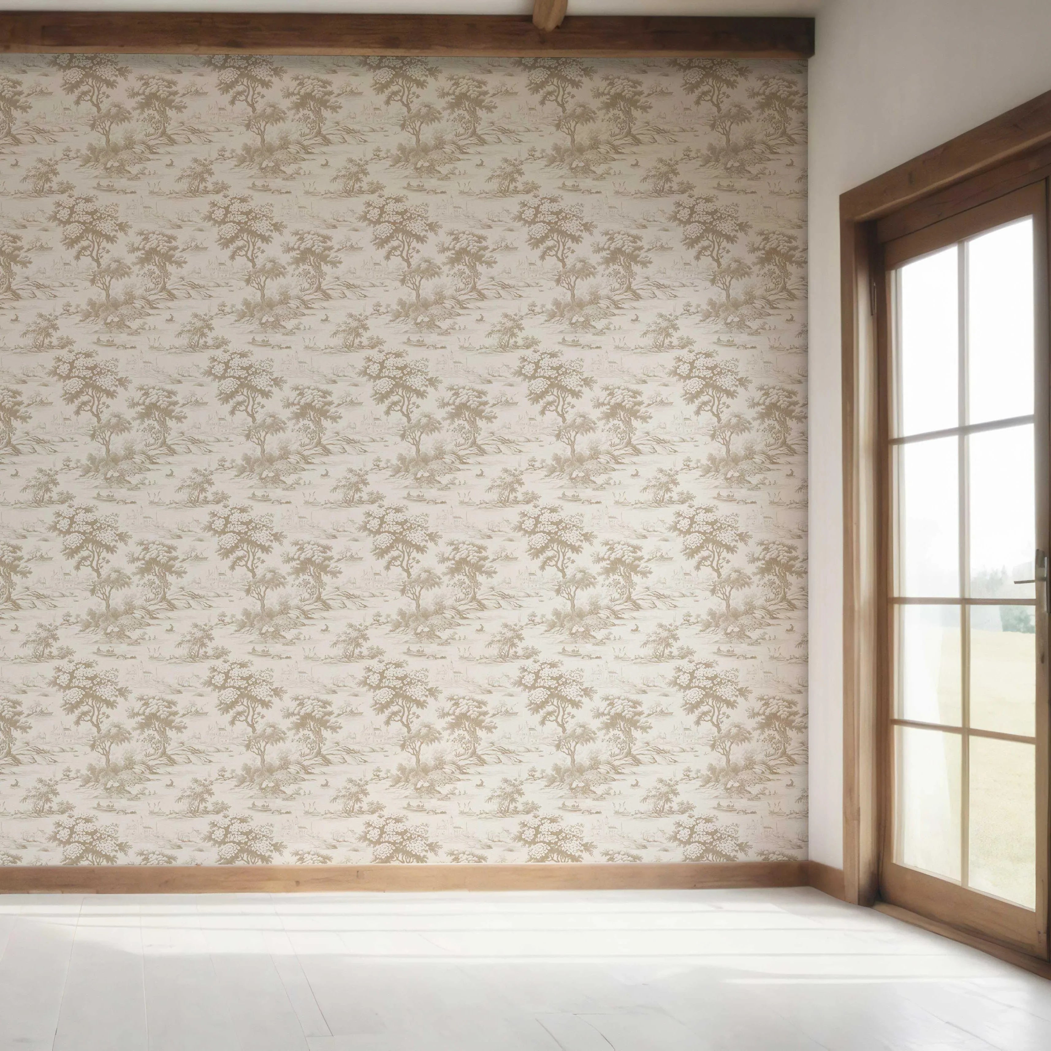 Floral Toile de Jouy Nature Print Bedroom Wallpaper Sample (Beige/ Brown/ Taupe)