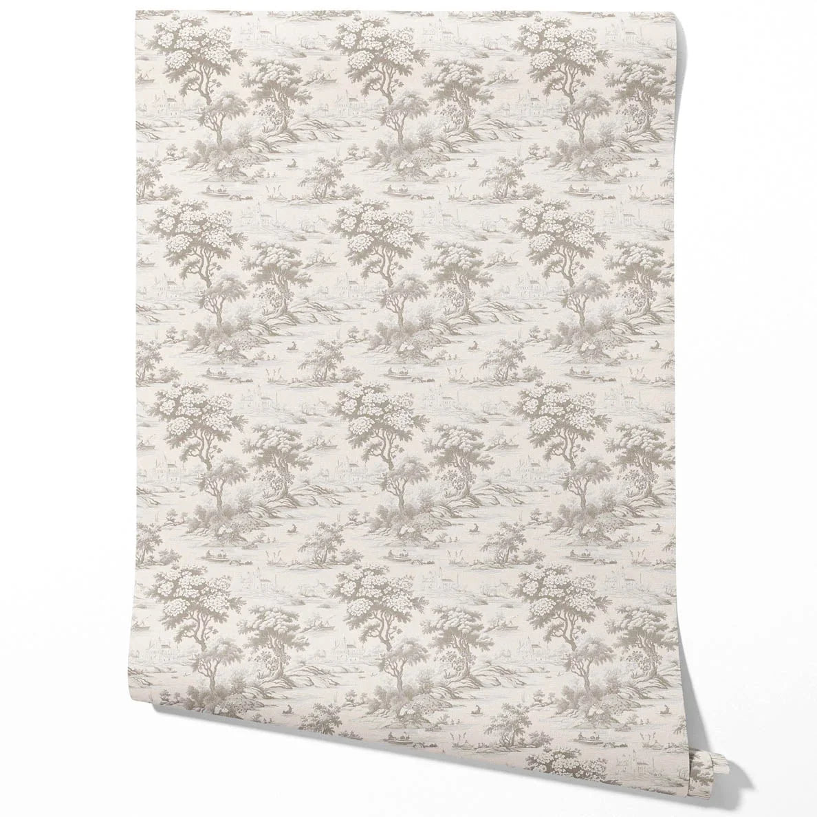 Floral Toile de Jouy Nature Print Traditional Wallpaper Sample (Greige/ Taupe/ Warm Gray)