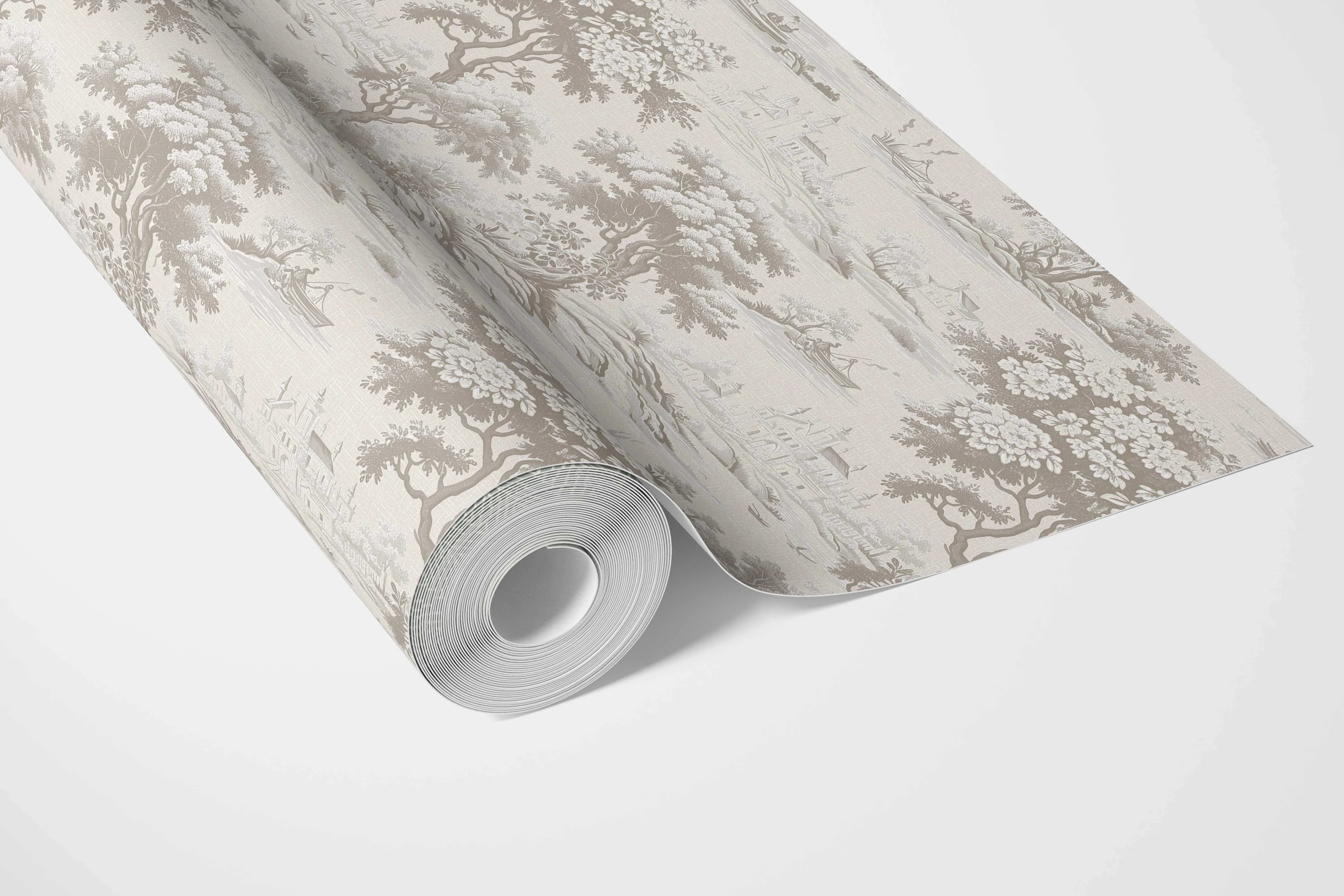 Floral Toile de Jouy Nature Print Bathroom Wallpaper Sample (Greige/ Taupe/ Warm Gray)